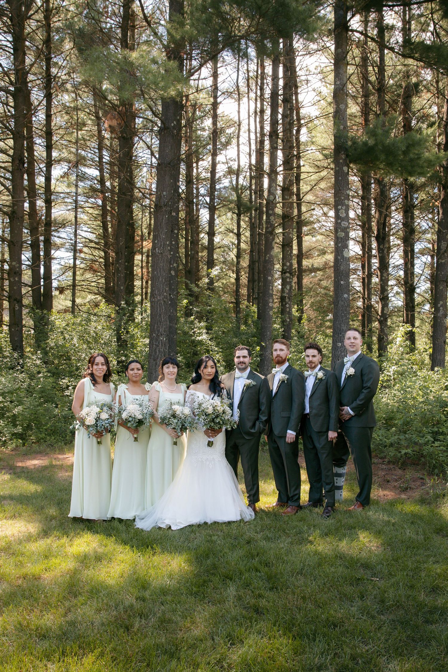 Wedding party poses among tall pine trees in forest clearing.