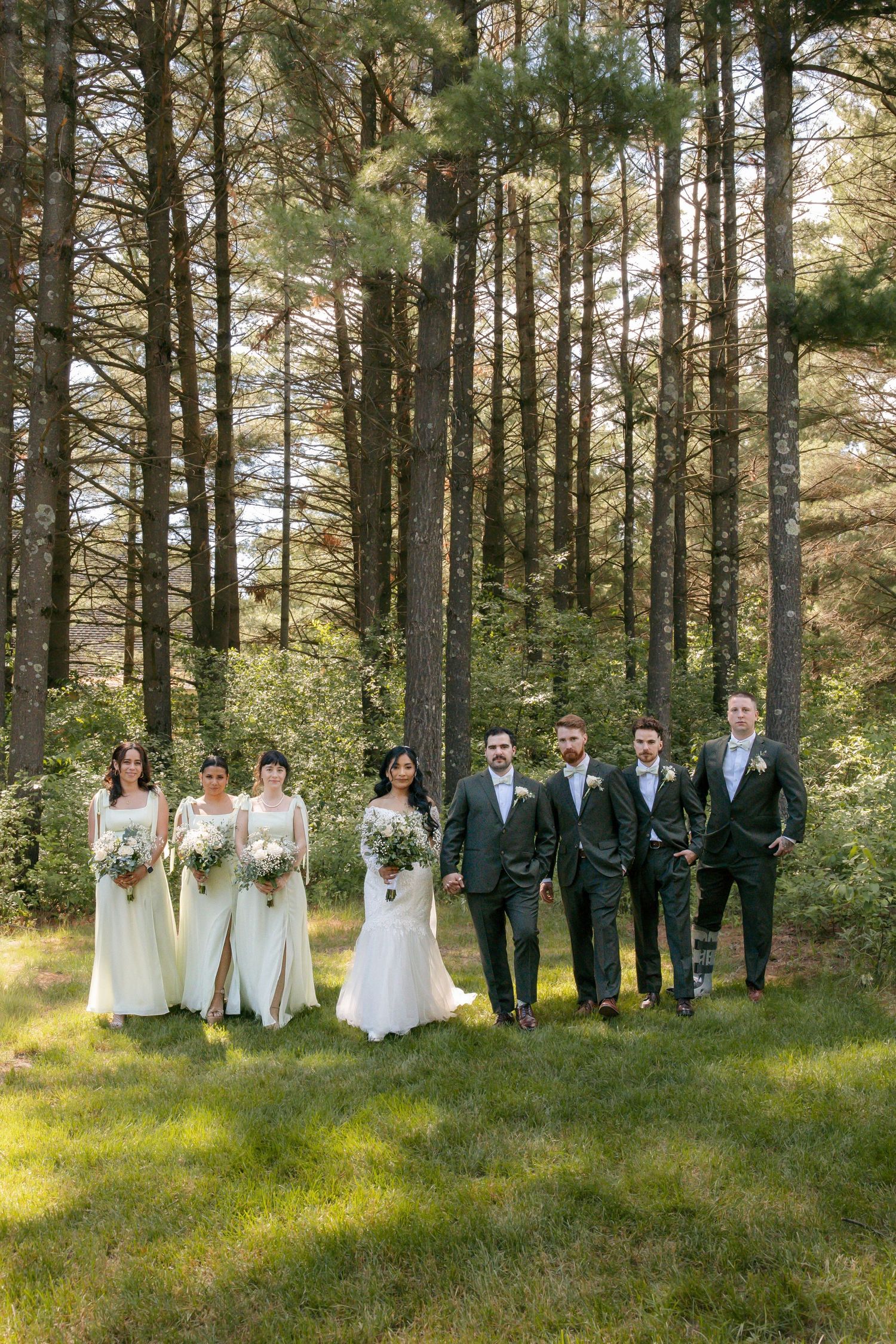 Wedding party walks together in a pine forest, bridesmaids in white gowns and groomsmen in dark suits.