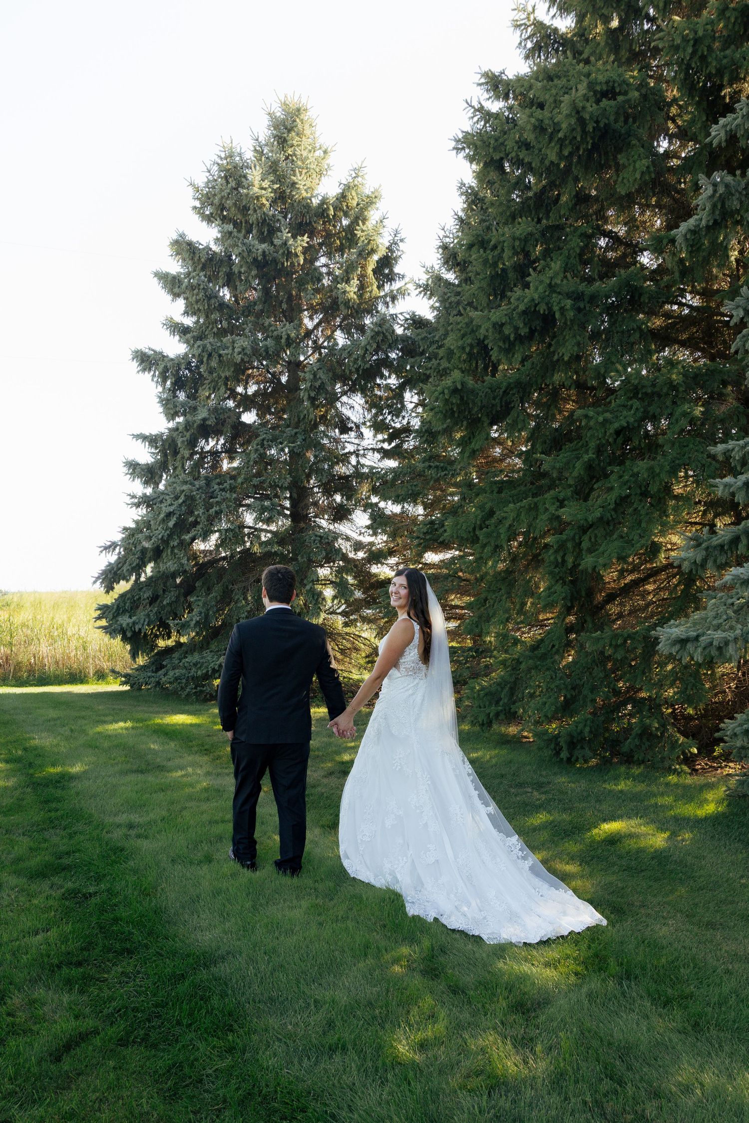 Bride in white lace gown and groom in black suit walk hand-in-hand on green lawn surrounded by tall evergreen trees.