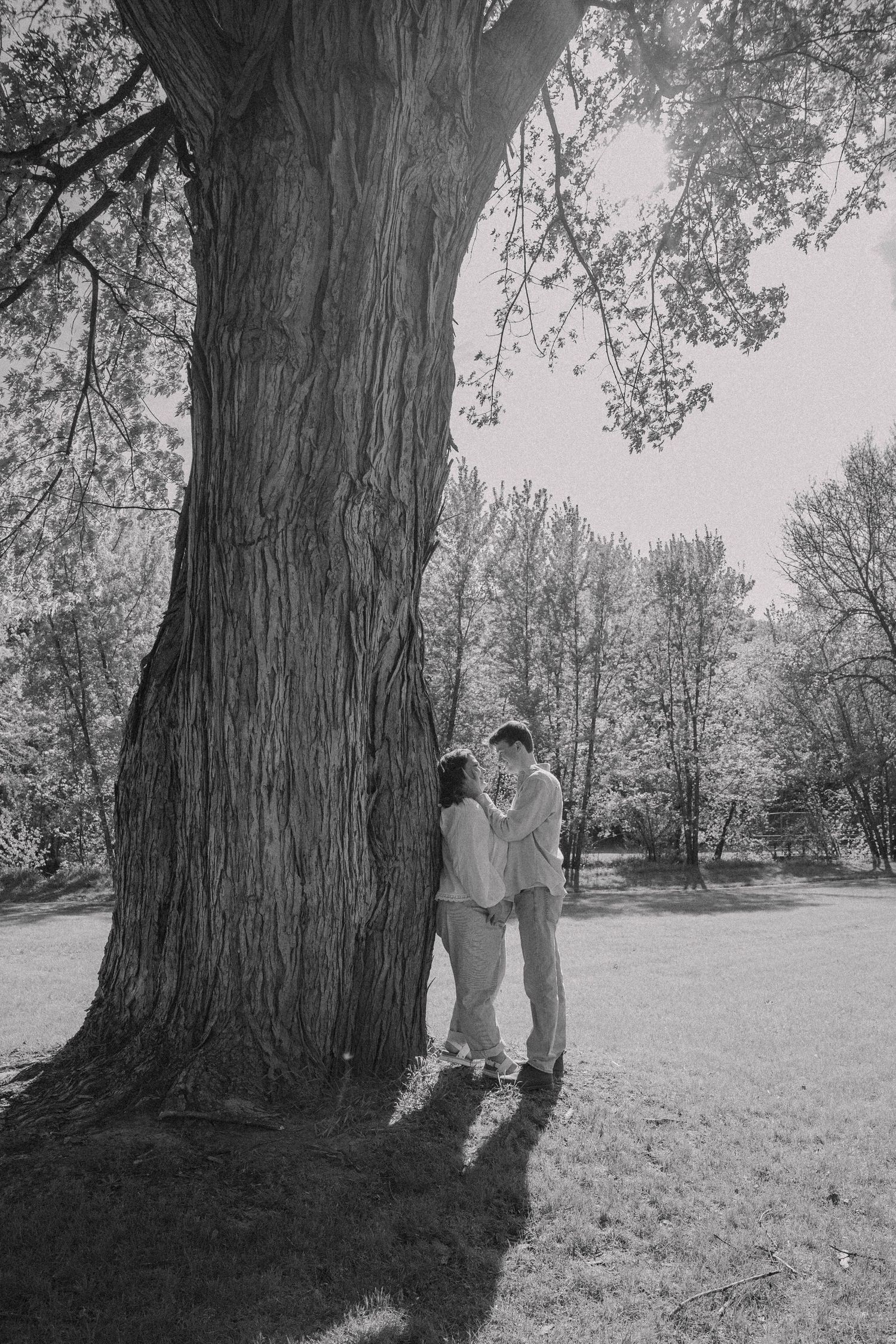 Black and white photo of a couple embracing under a large tree in a lush park setting.