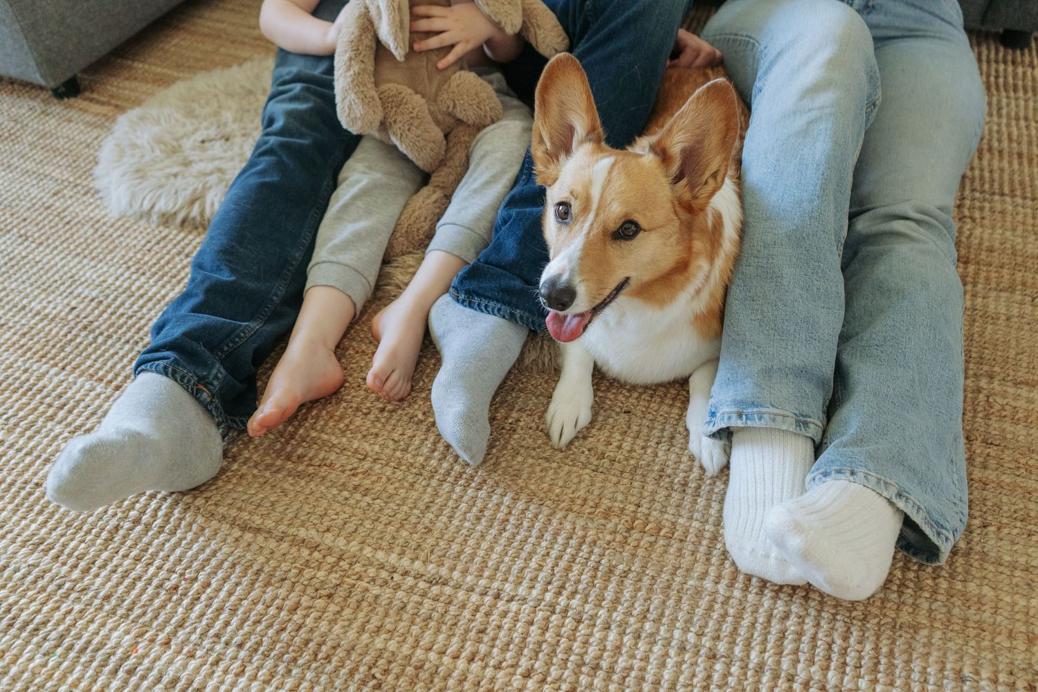 Family sitting on the floor with their corgi dog, candid pet and family portrait