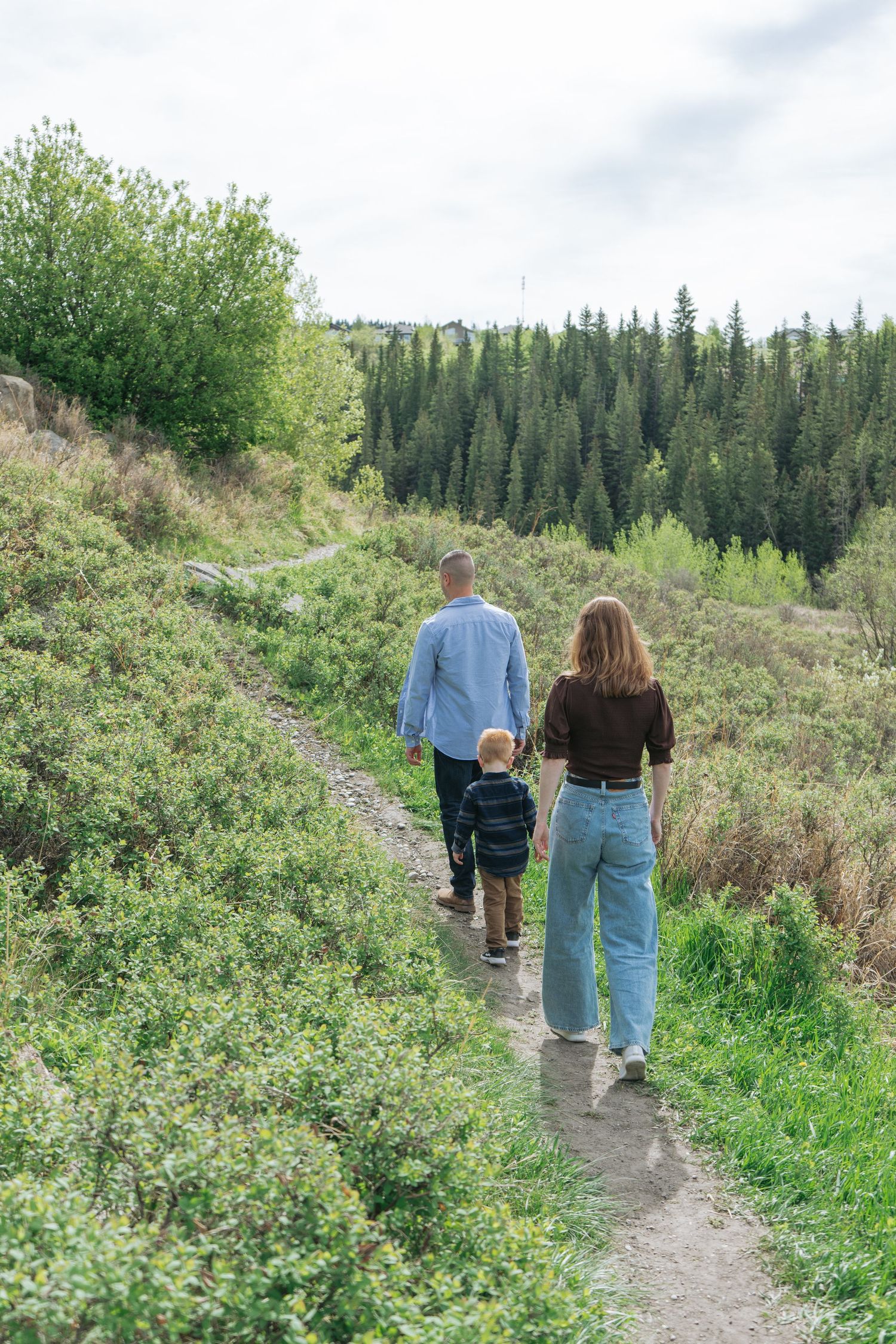 Mom and child walking hand in hand down a trail through the trees, Bow Valley family photography