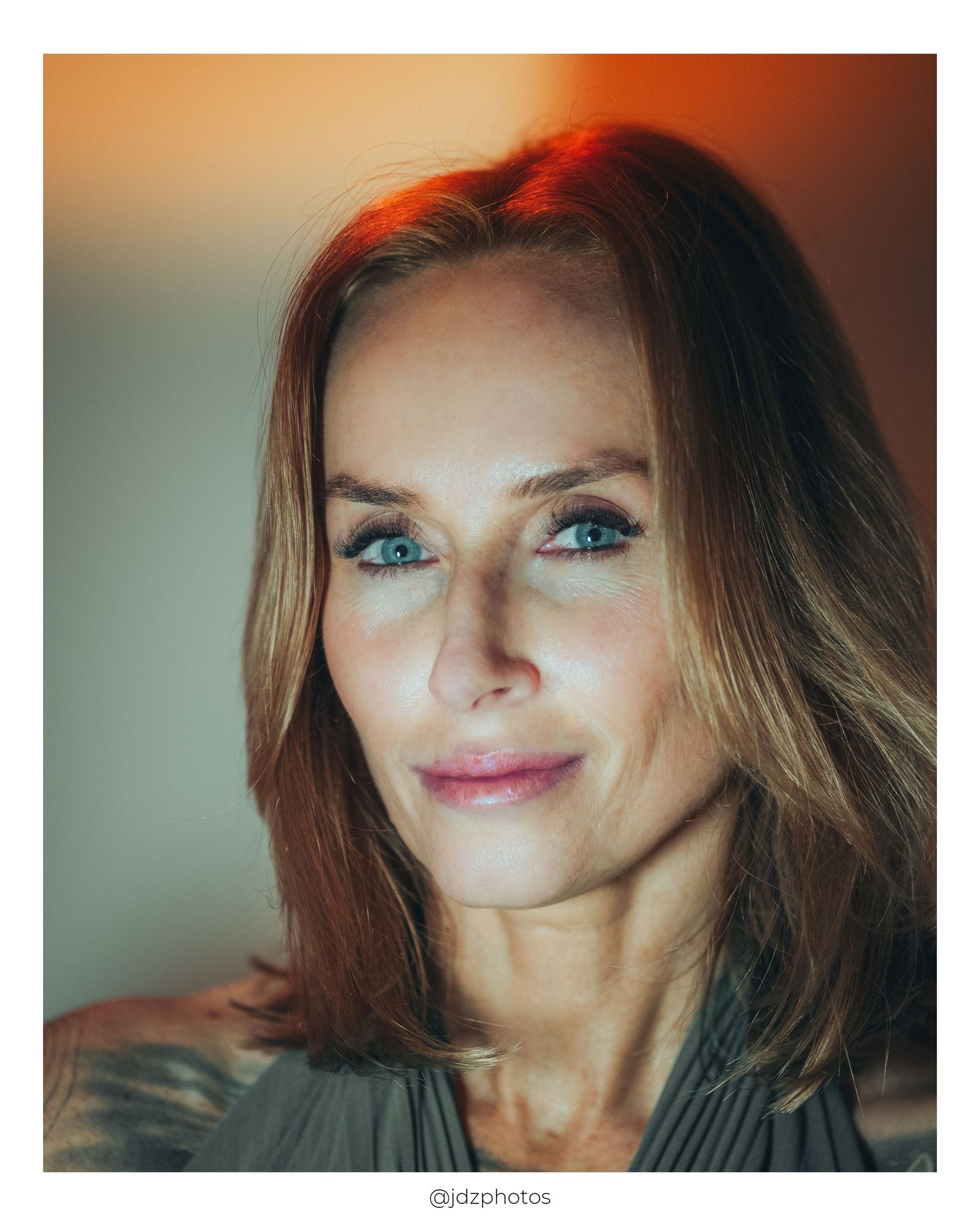 Portrait series showing a woman with blonde hair in warm lighting smiling at the camera from different angles.