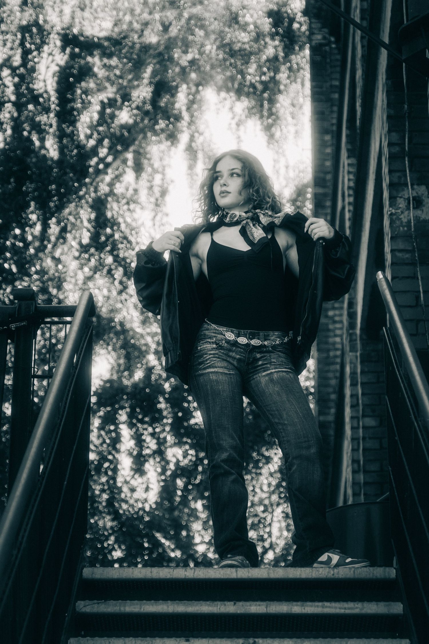 Dramatic black and white photo sequence on a porch with natural backlighting through trees.