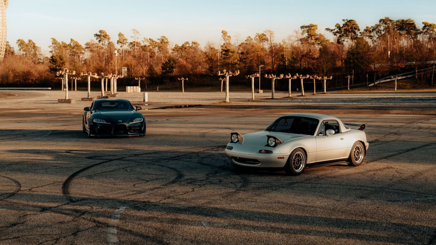 Panoramic view of vintage and modern sports cars parked at dusk with autumn trees in background.