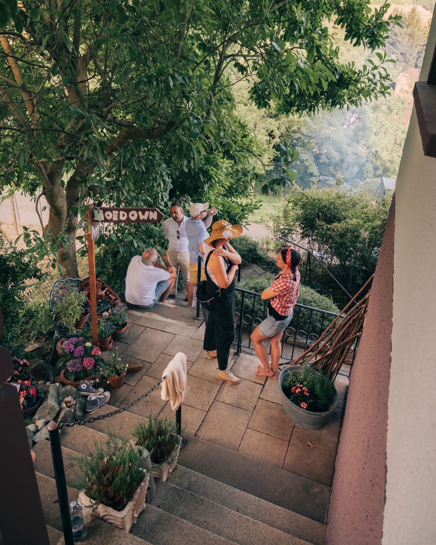 Guests mingling on a terraced patio area surrounded by greenery and trees.