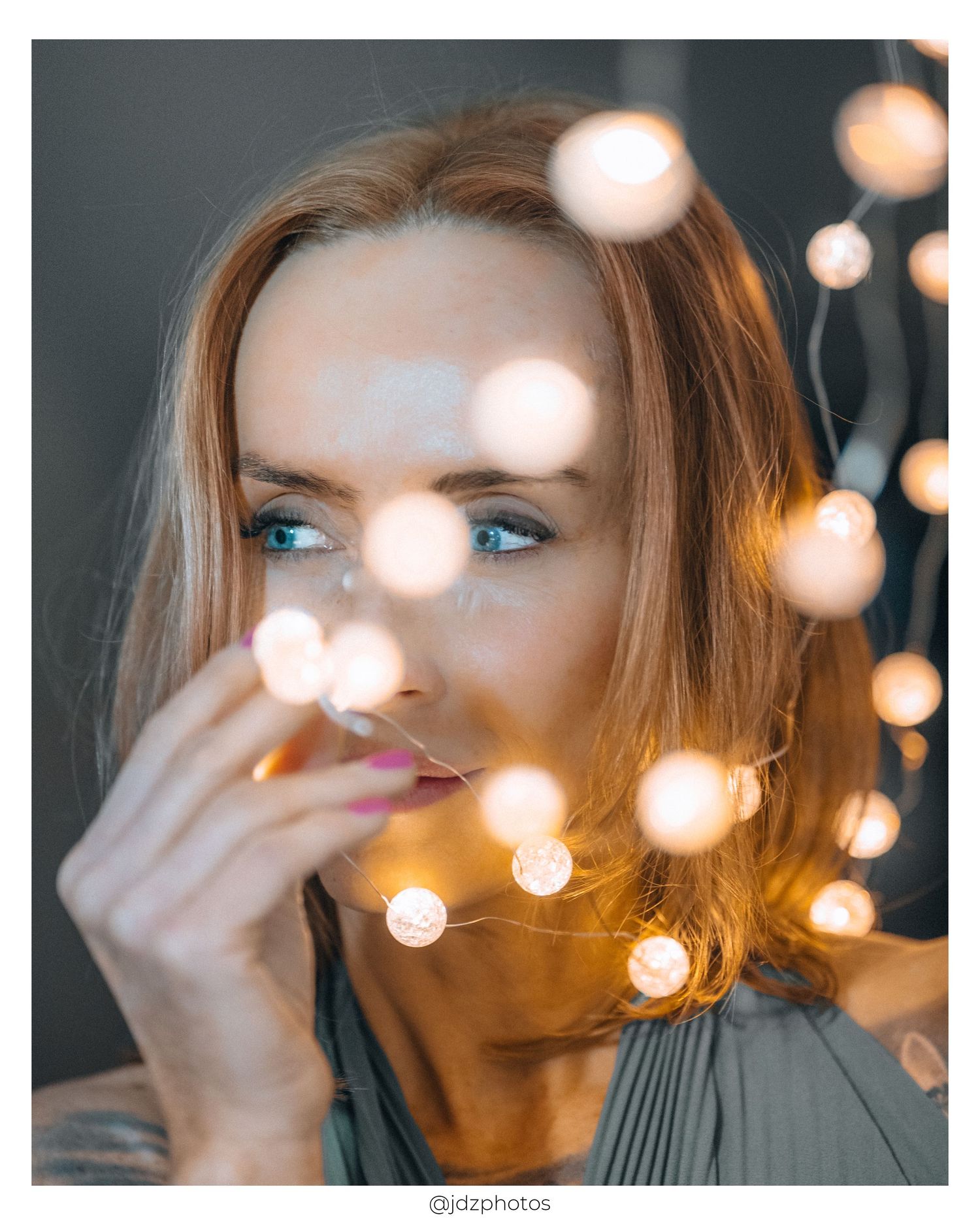 A series of portraits with string lights creating a dreamy bokeh effect against a dark background.