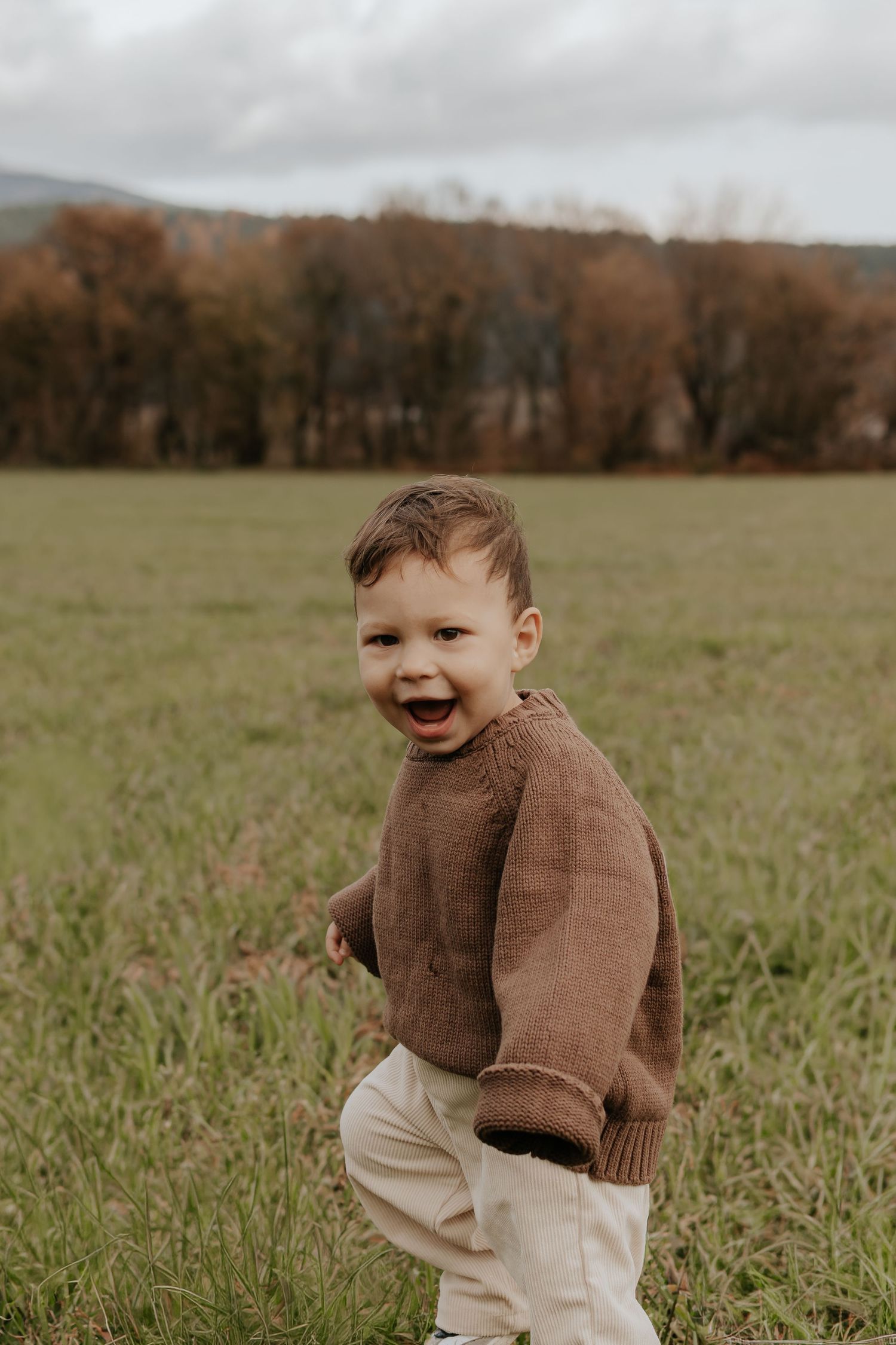 Ein fröhliches Kleinkind in einem braunen Pullover und einer khakifarbenen Hose spielt an einem Herbsttag auf einem grasbewachsenen Feld.