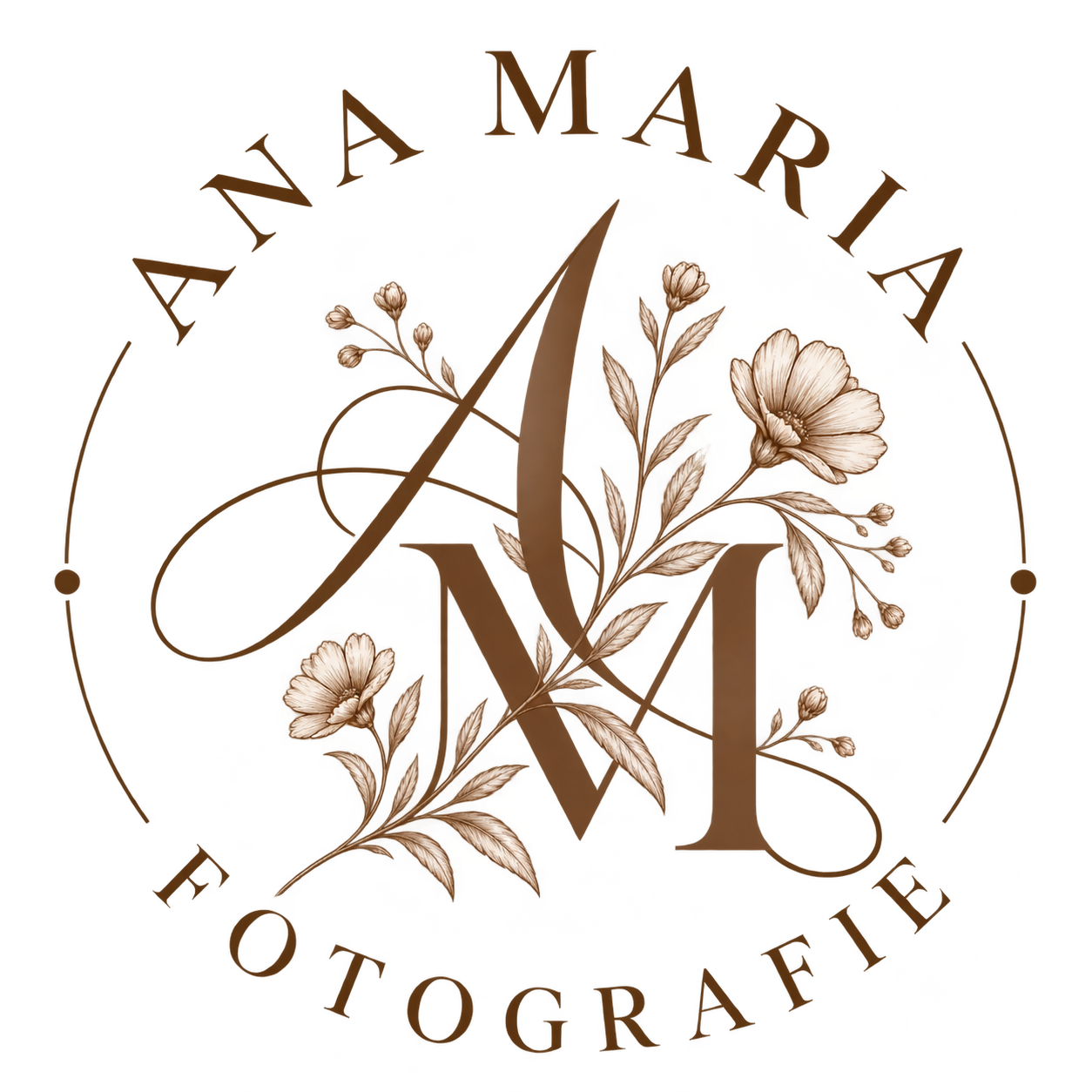 Elegant Ana Maria Fotografie logo with floral AM monogram in brown tones, featuring wildflowers and botanical elements.