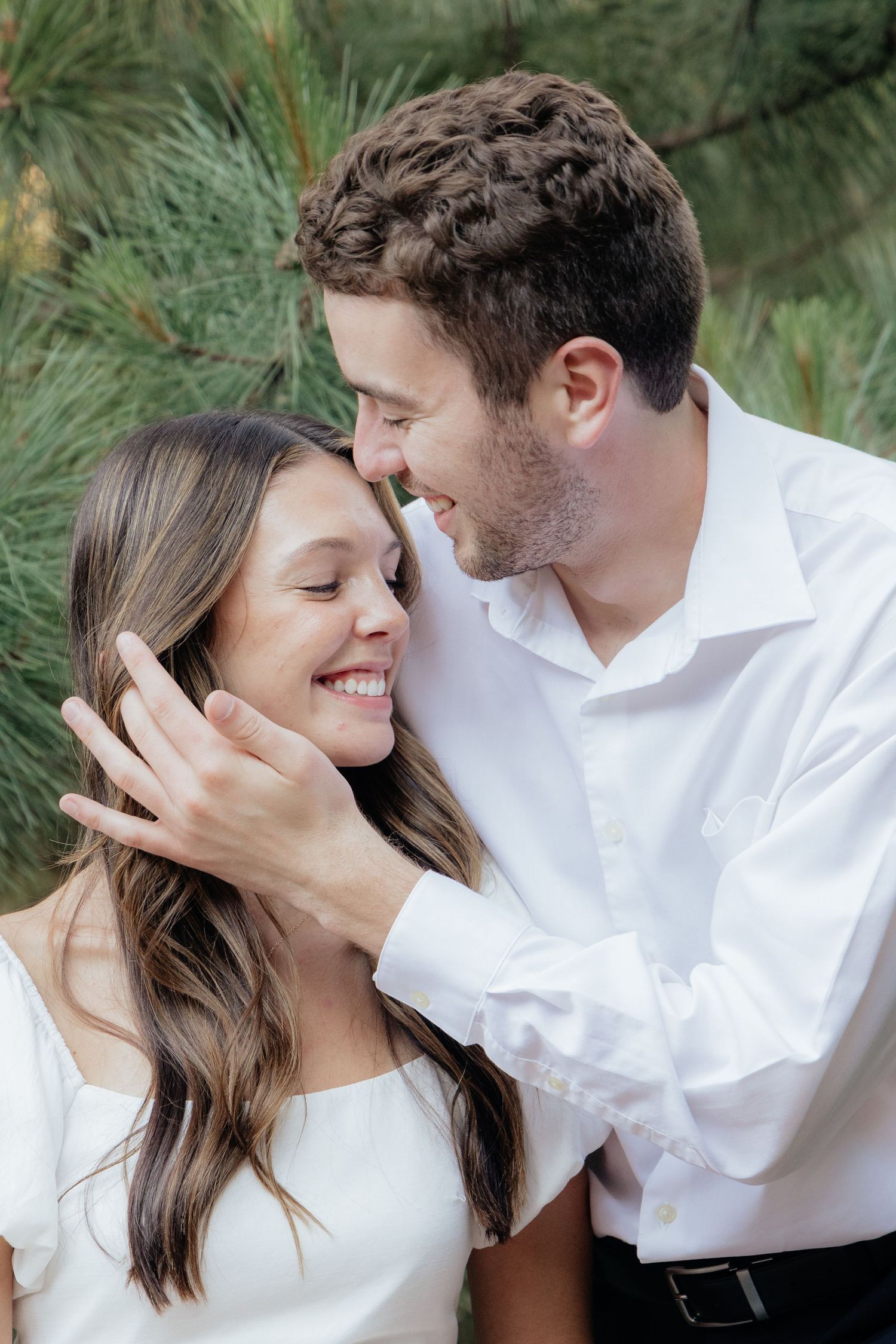 Golden-hour portrait of a couple embracing among tall trees at Pinewood in Cambridge, showcasing woodsy elegance.