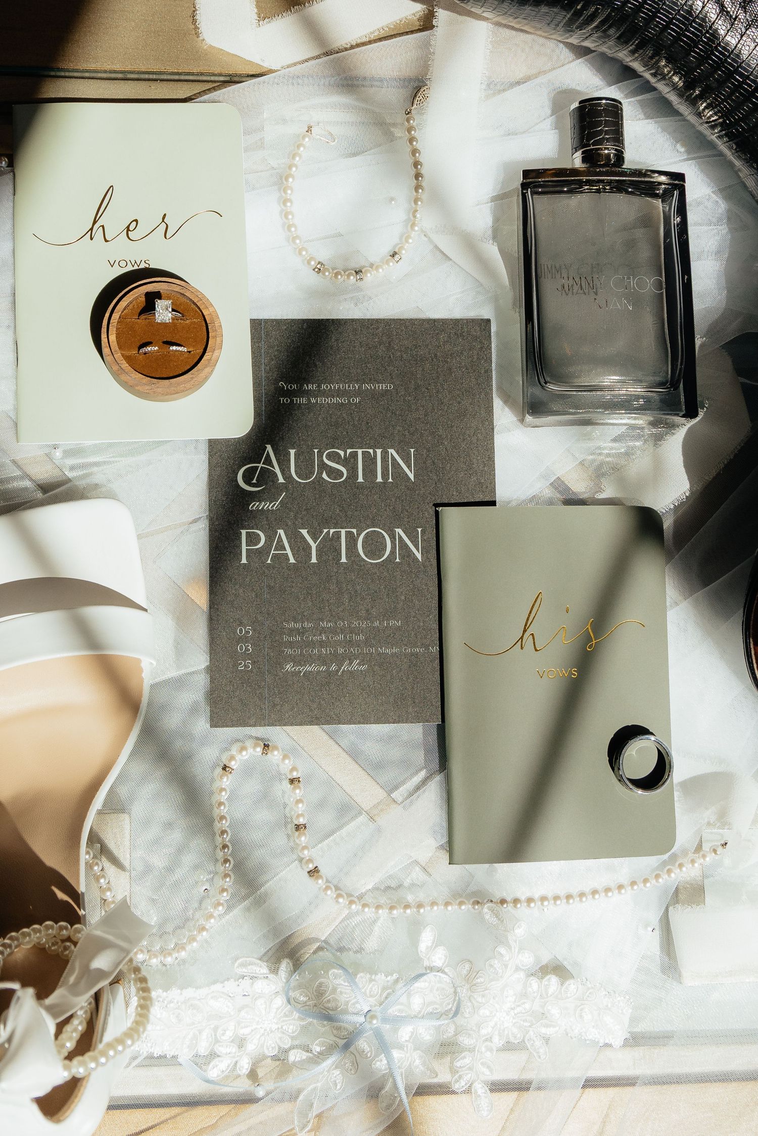 Collection of wedding day detail shots at Rush Creek Golf Course in Maple Grove, MN, including bridal accessories, florals, and more