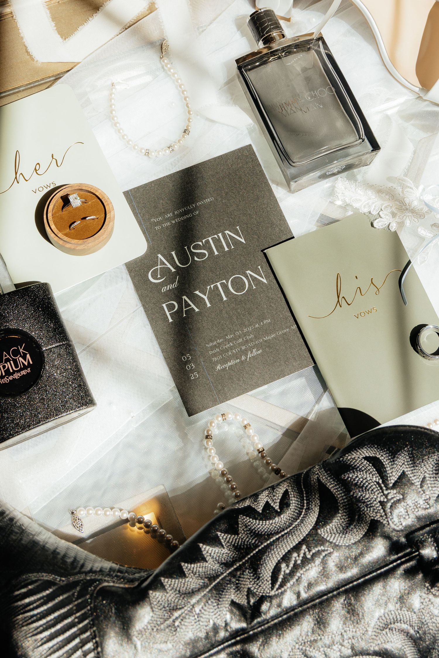 Collection of wedding day detail shots at Rush Creek Golf Course in Maple Grove, MN, including bridal accessories, florals, and more