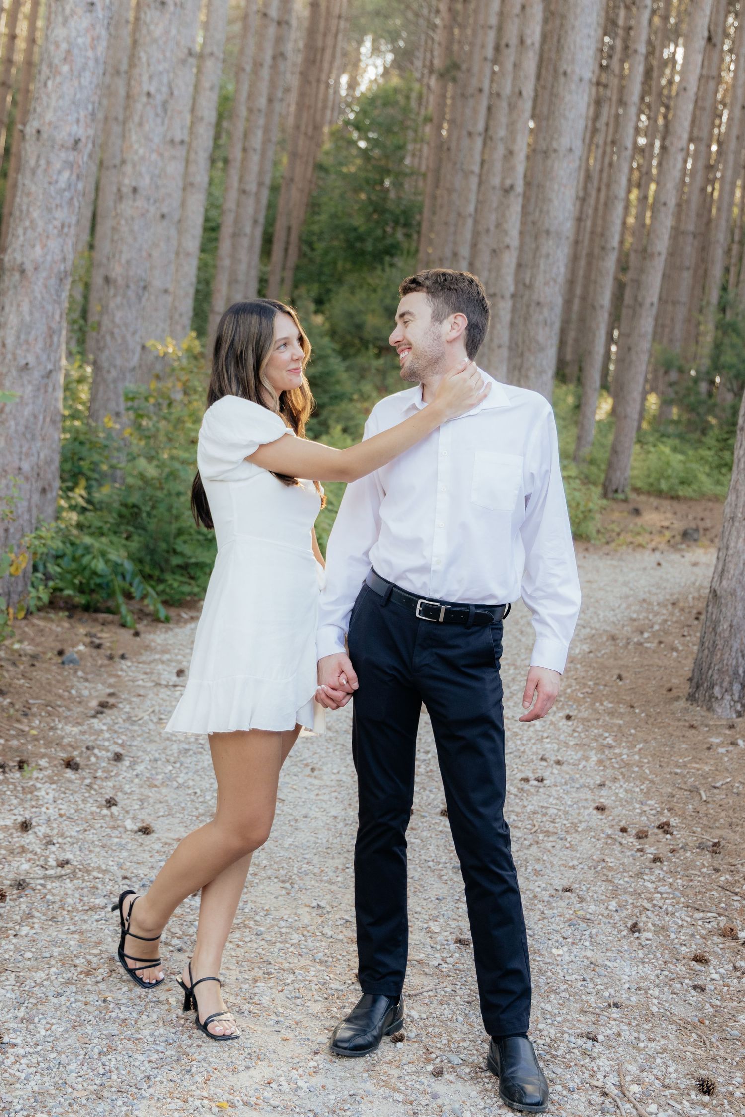 Golden-hour portrait of a couple embracing among tall trees at Pinewood in Cambridge, showcasing woodsy elegance.