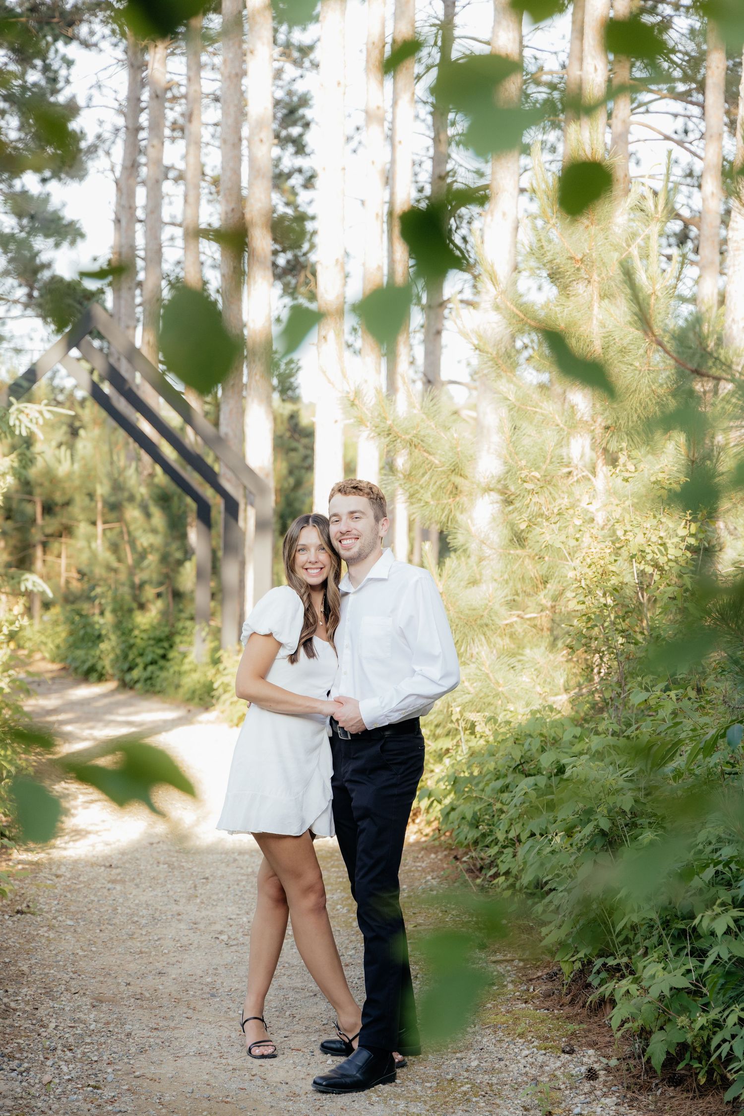 Golden-hour portrait of a couple embracing among tall trees at Pinewood in Cambridge, showcasing woodsy elegance.