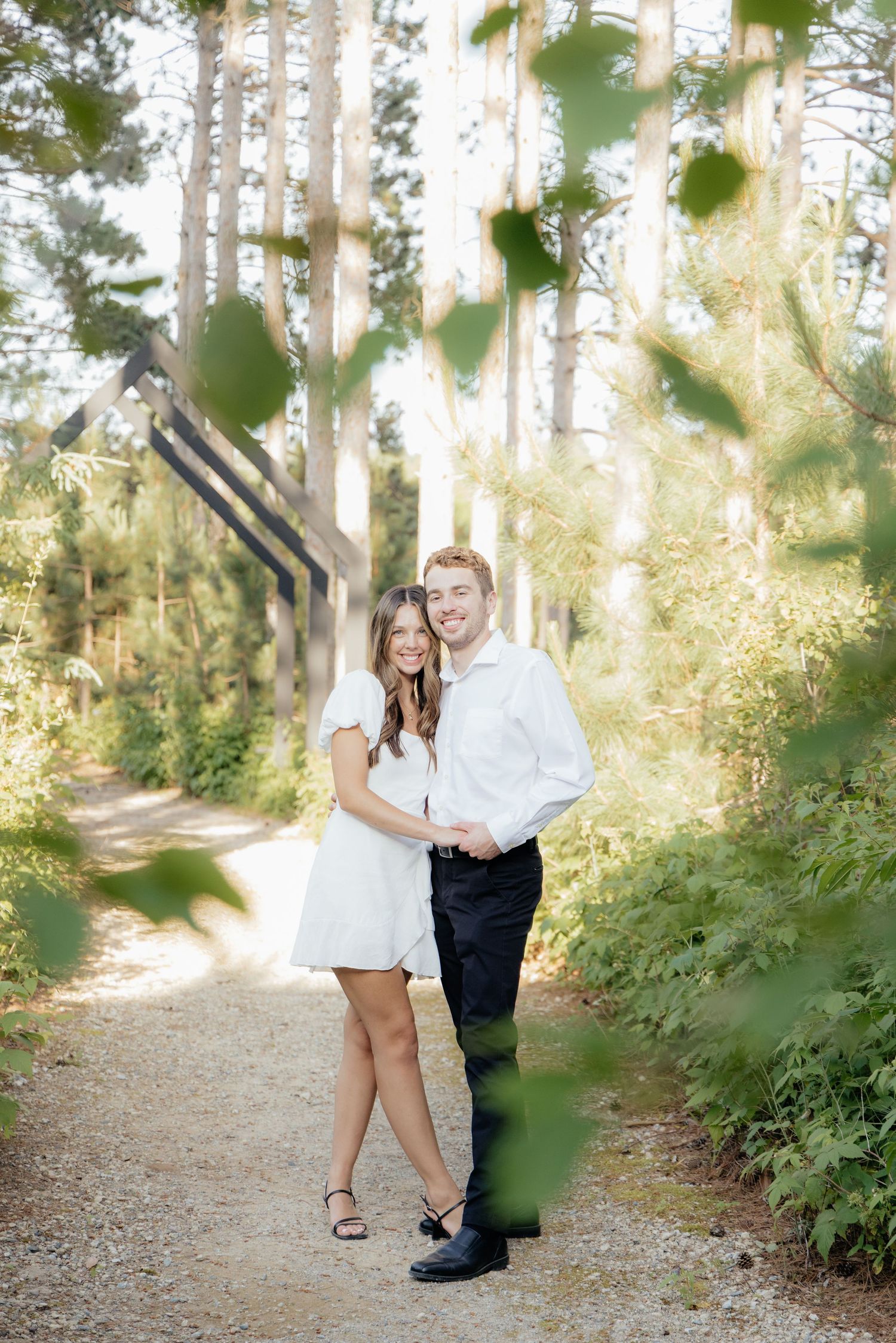 Golden-hour portrait of a couple embracing among tall trees at Pinewood in Cambridge, showcasing woodsy elegance.