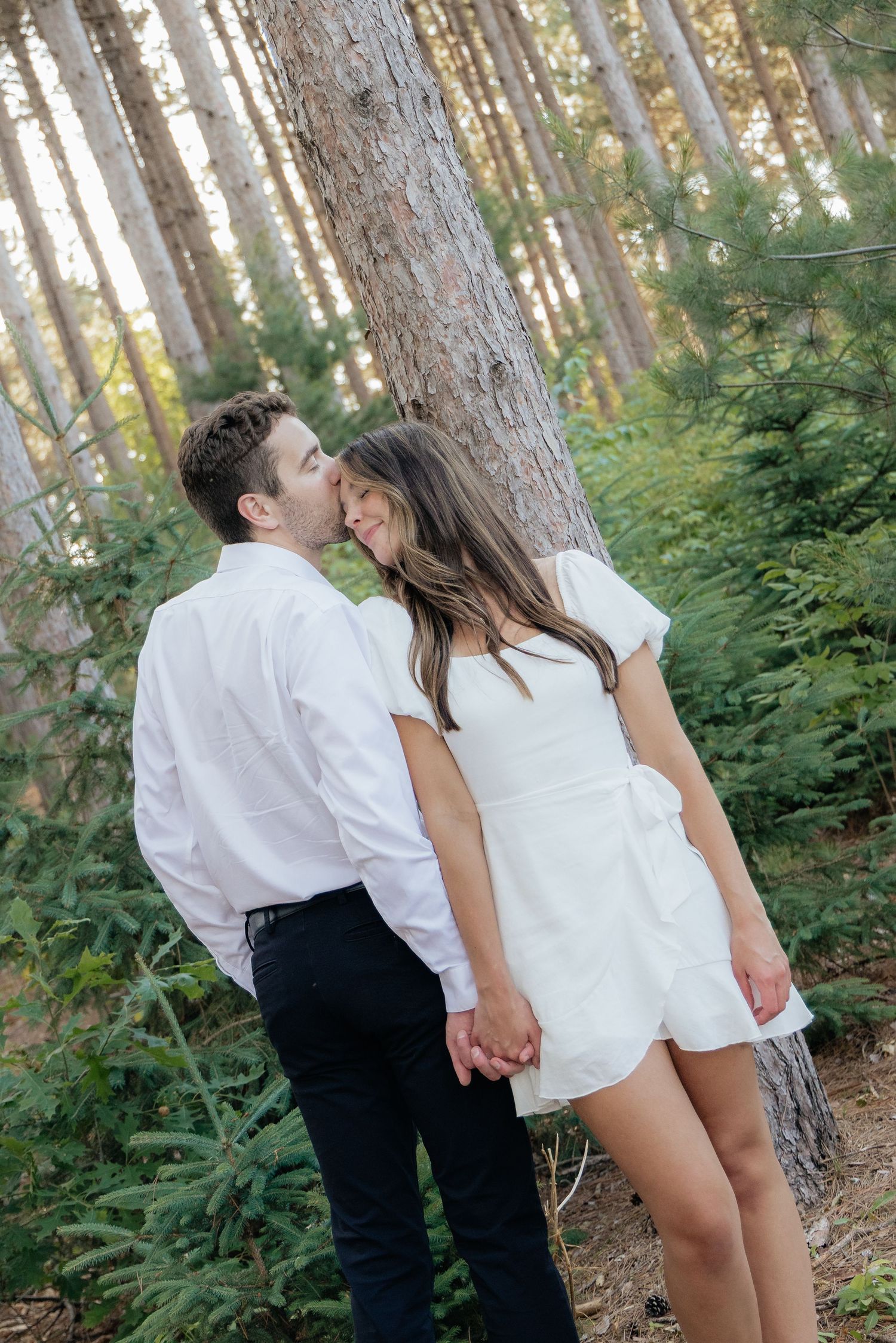 Golden-hour portrait of a couple embracing among tall trees at Pinewood in Cambridge, showcasing woodsy elegance.