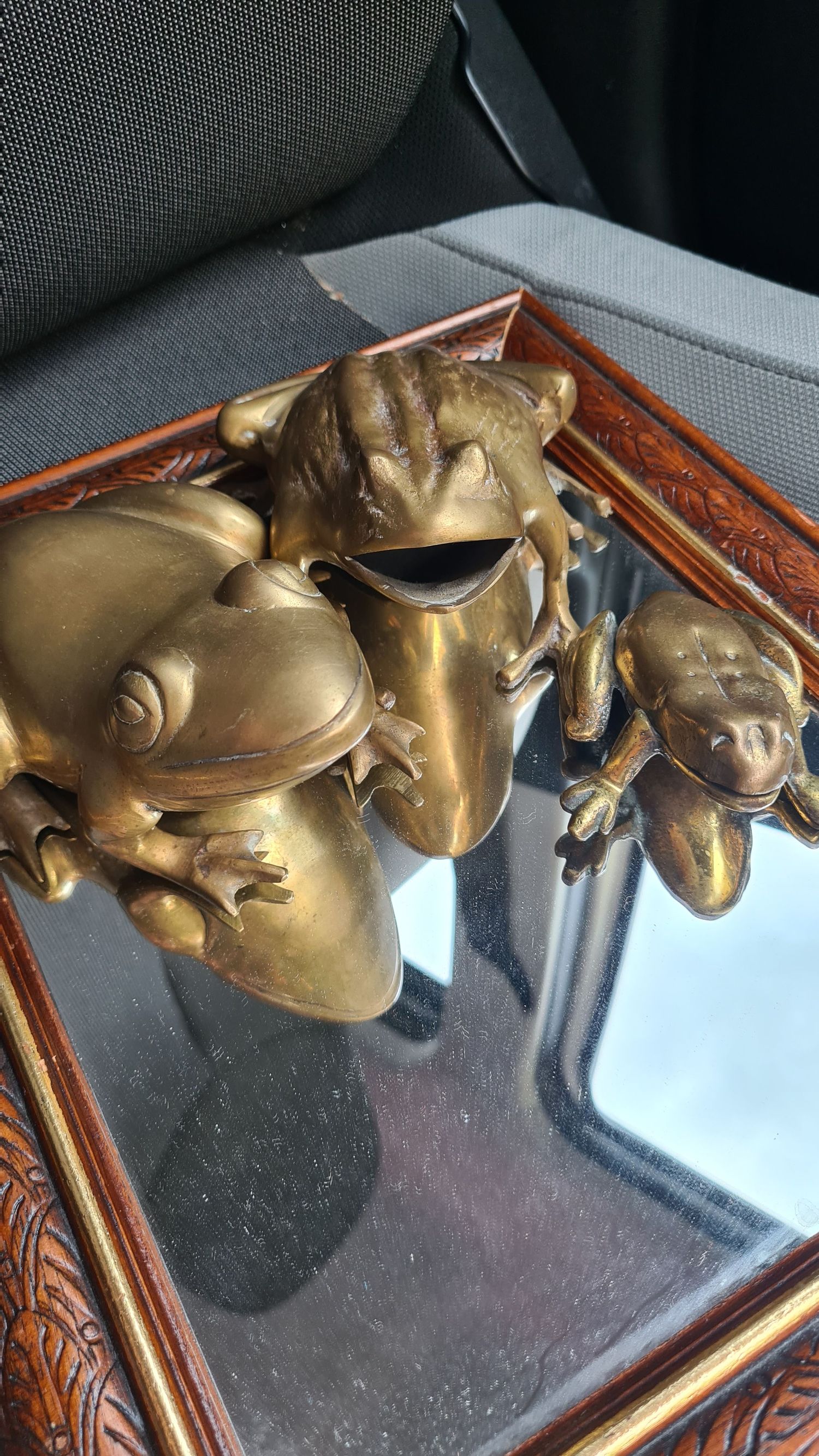Bronze frog sculptures mounted in a decorative wooden frame display.