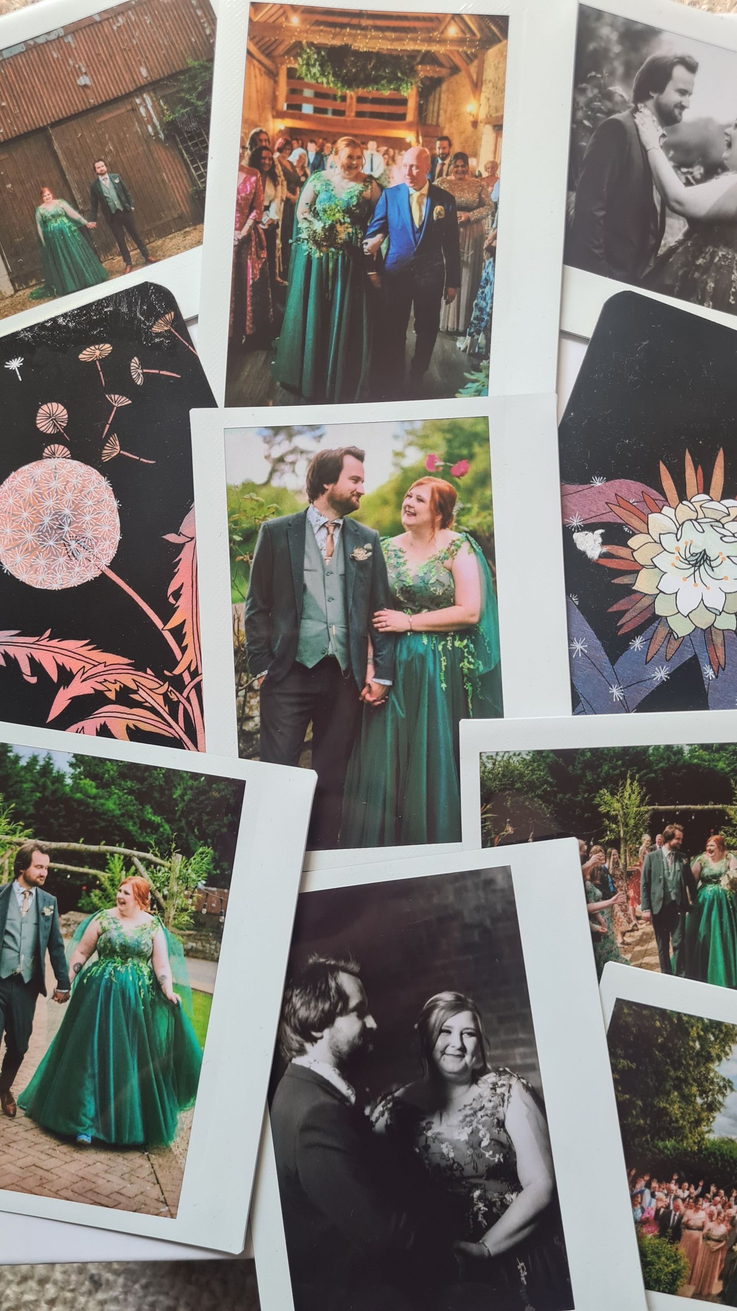 Collection of wedding photos arranged in a collage featuring emerald green and gray color scheme.