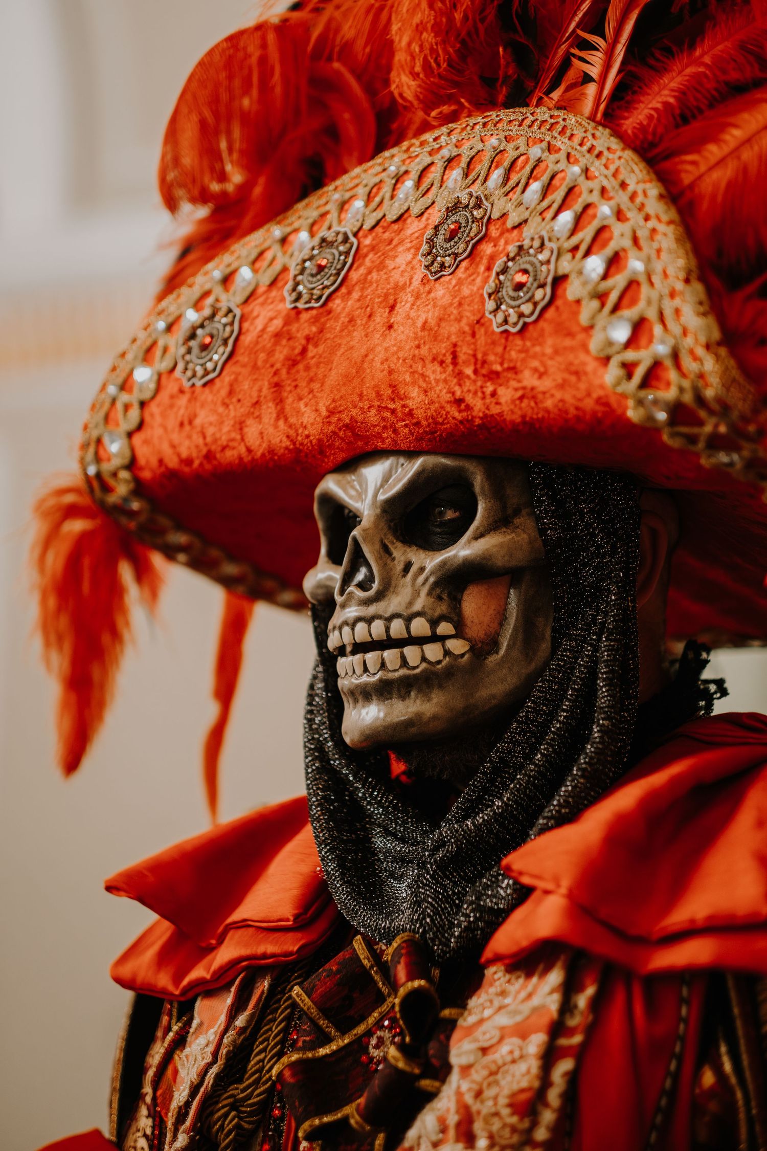Ornate skeleton costume with red feathered hat and intricate details in dramatic lighting at a fantasy ball.