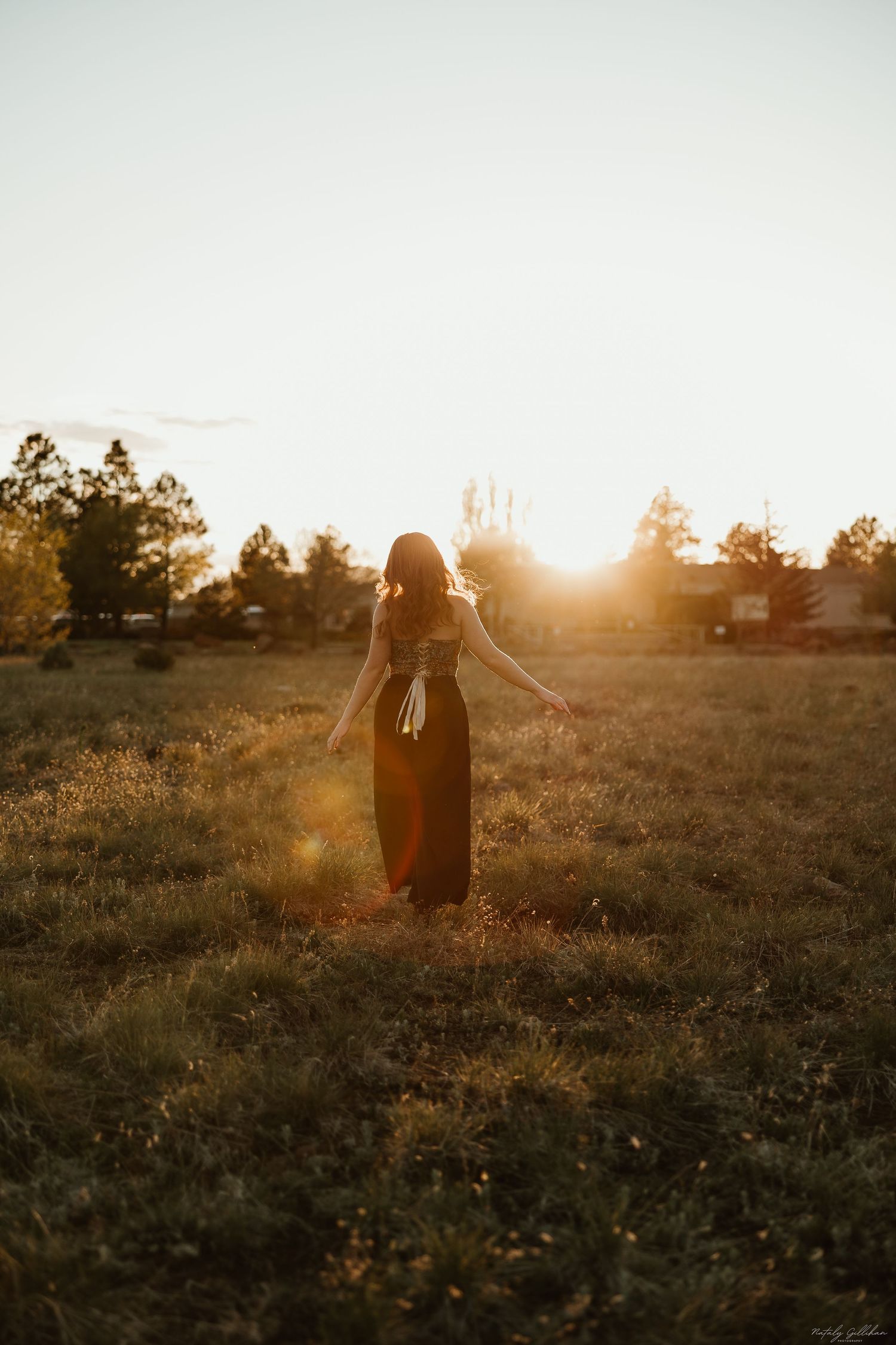A silhouette stands in a golden sunlit field at sunset with trees in the background.