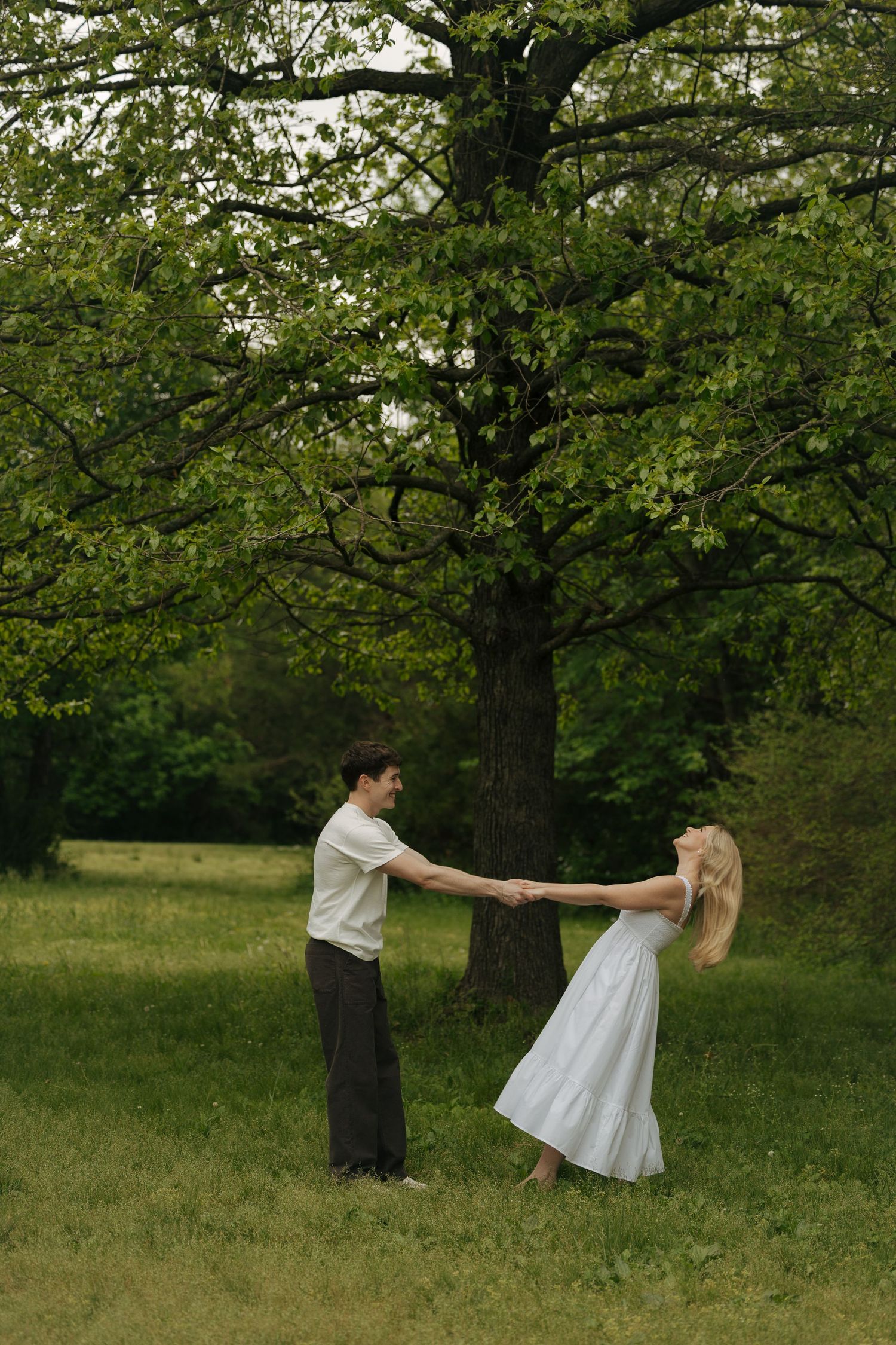 A couple holds hands and dances together in a lush green park beneath a large oak tree.
