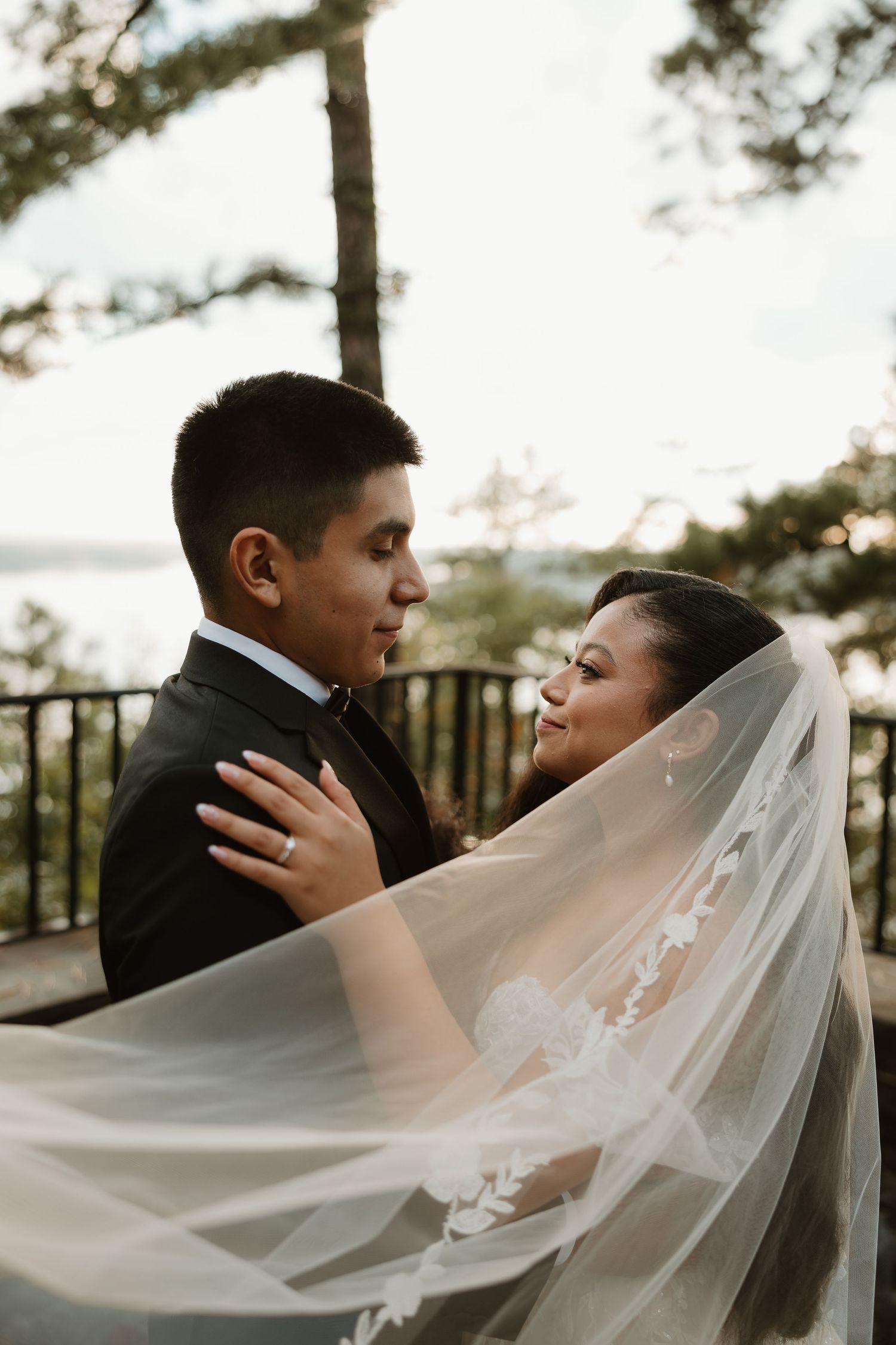 A romantic wedding photo sequence showing a couple in an intimate moment with flowing veil against a scenic backdrop.