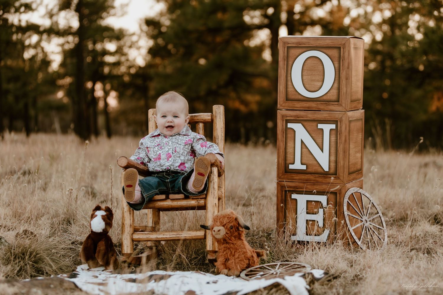 Baby celebrating first birthday milestone in rustic outdoor setting with wooden ONE blocks and teddy bear decorations.