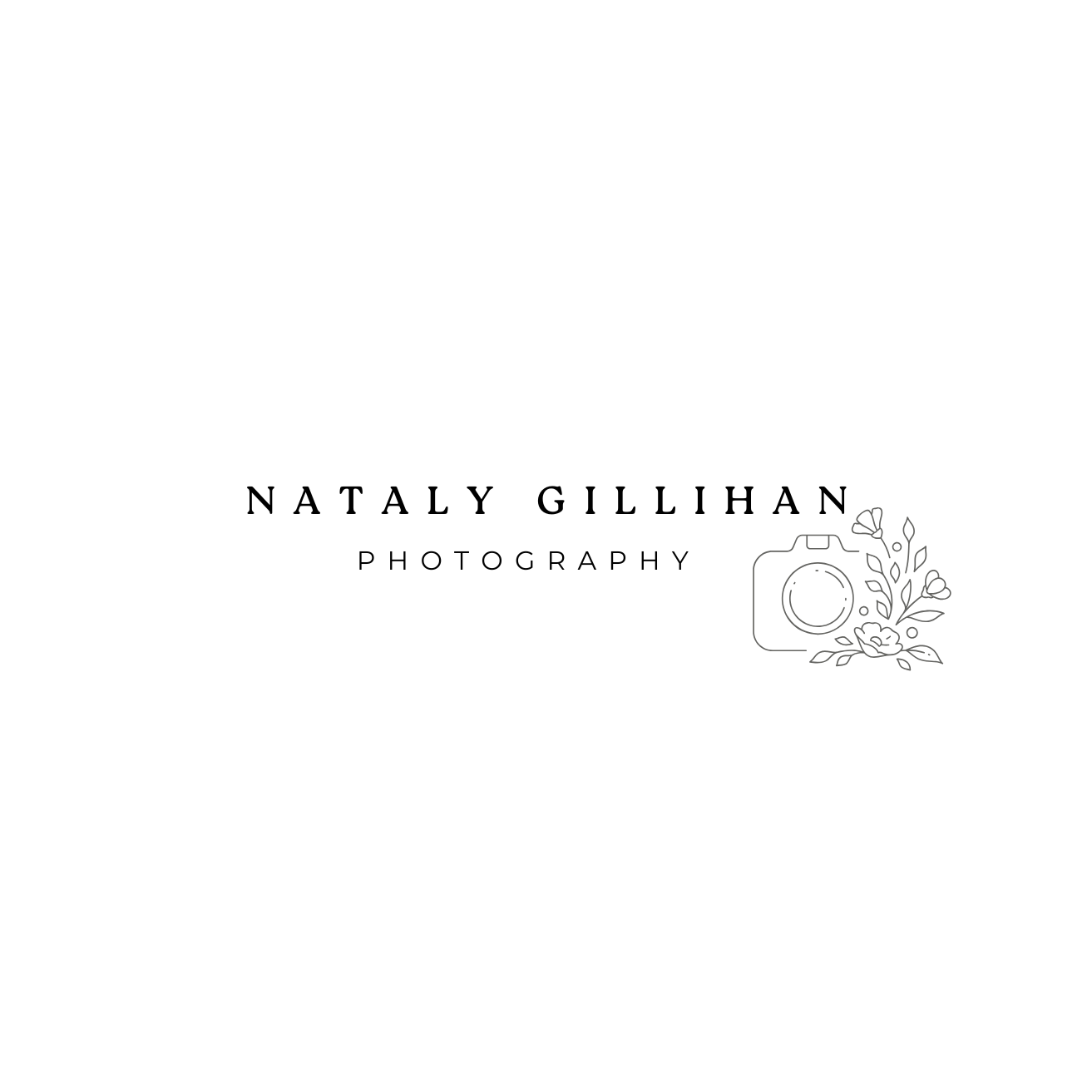 A minimalist logo design featuring a camera icon with decorative floral elements sprouting from one side.