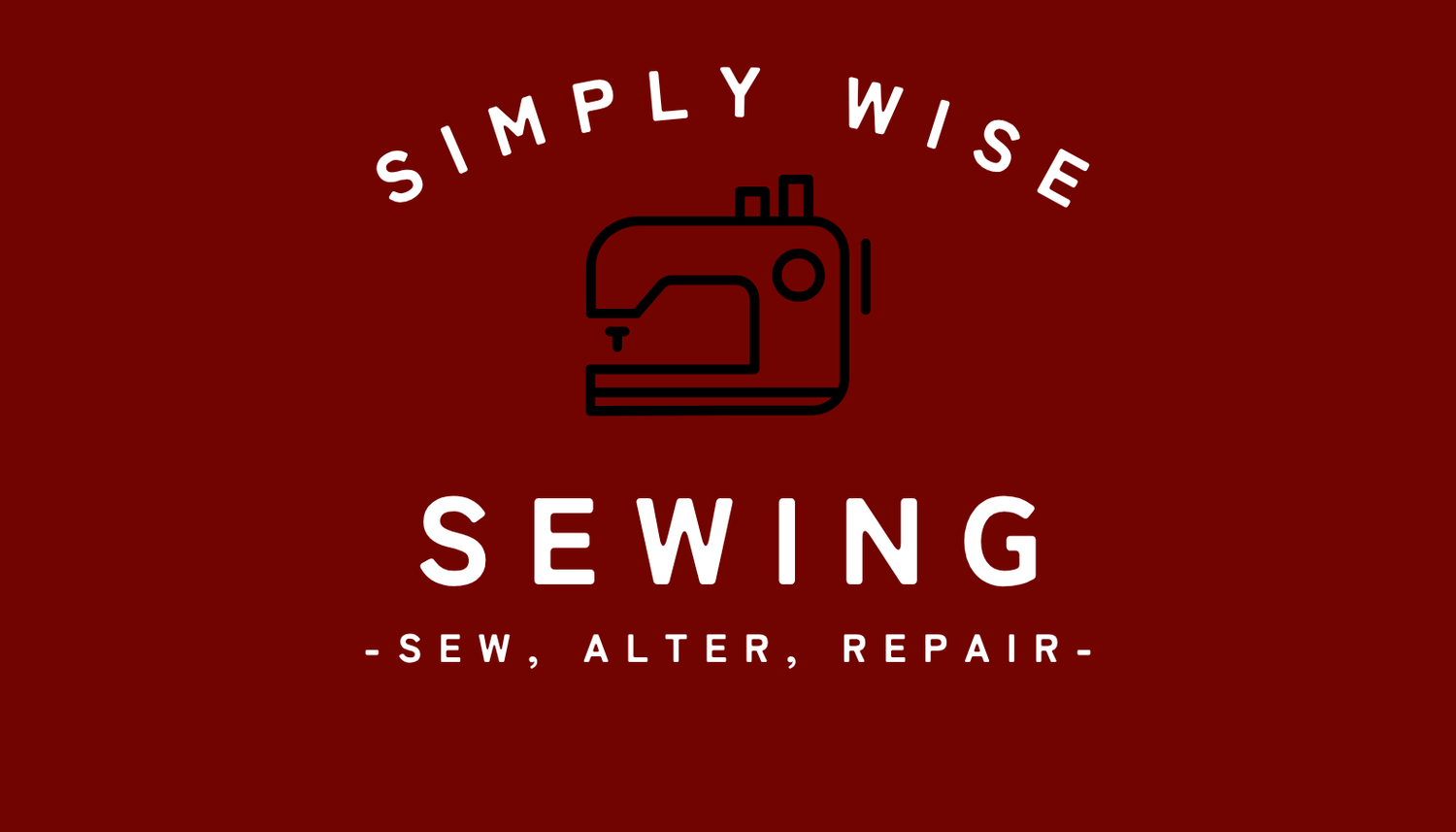 A maroon red banner with white text reading 'Simply Wise Sewing' and a sewing machine icon.