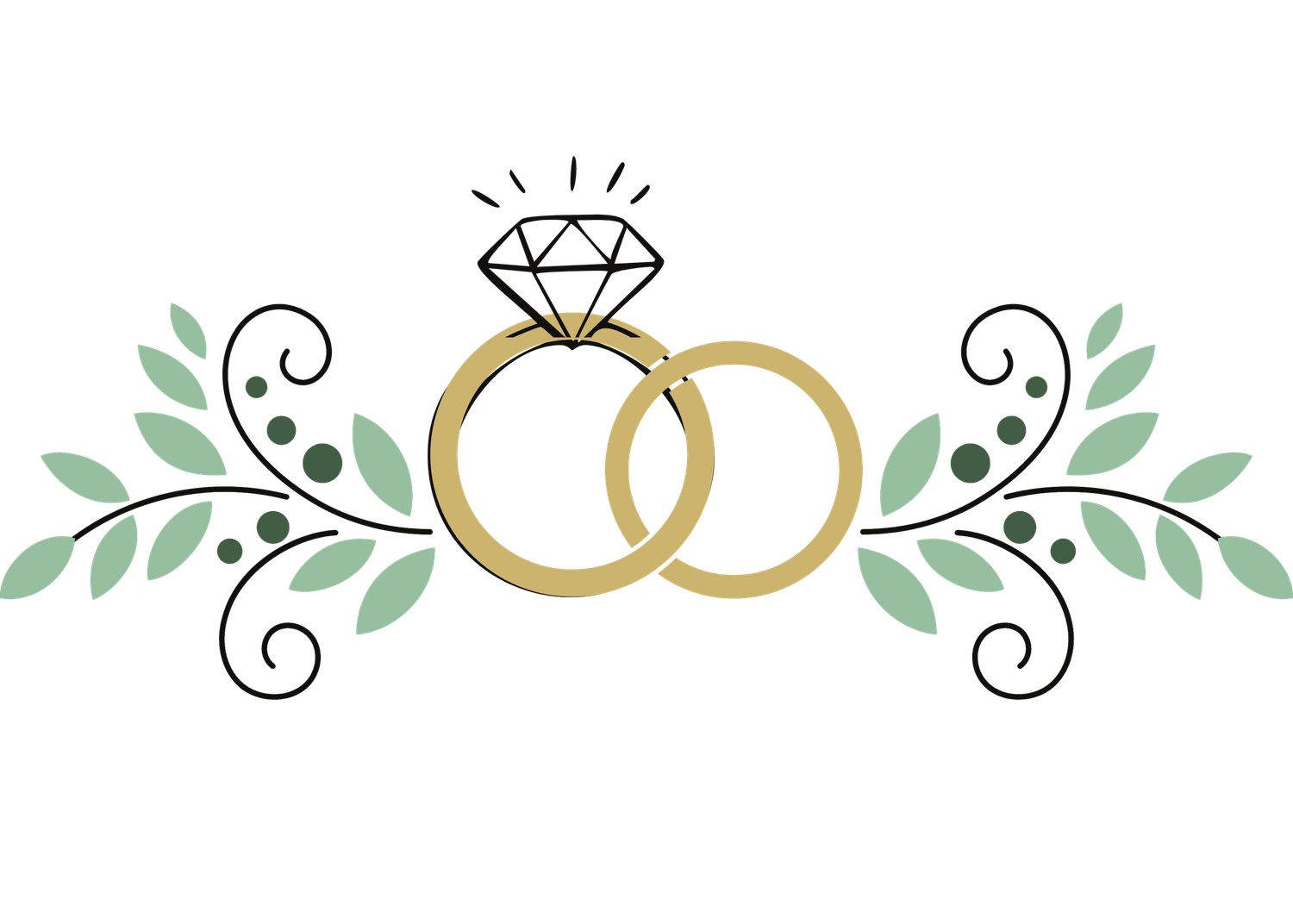 Decorative wedding design elements with rings, diamond, and floral swirls in gold and green colors.