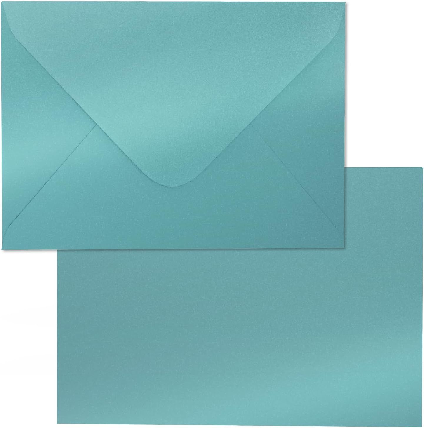 Row of five turquoise blue envelopes arranged horizontally showing slight variations in lighting and positioning.