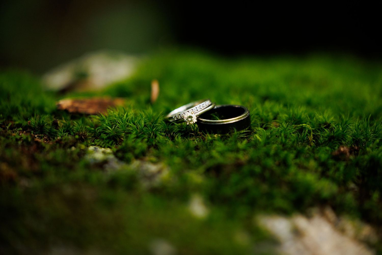 A sparkly silver bracelet and engagement ring are artfully arranged on a soft bed of vibrant green moss.