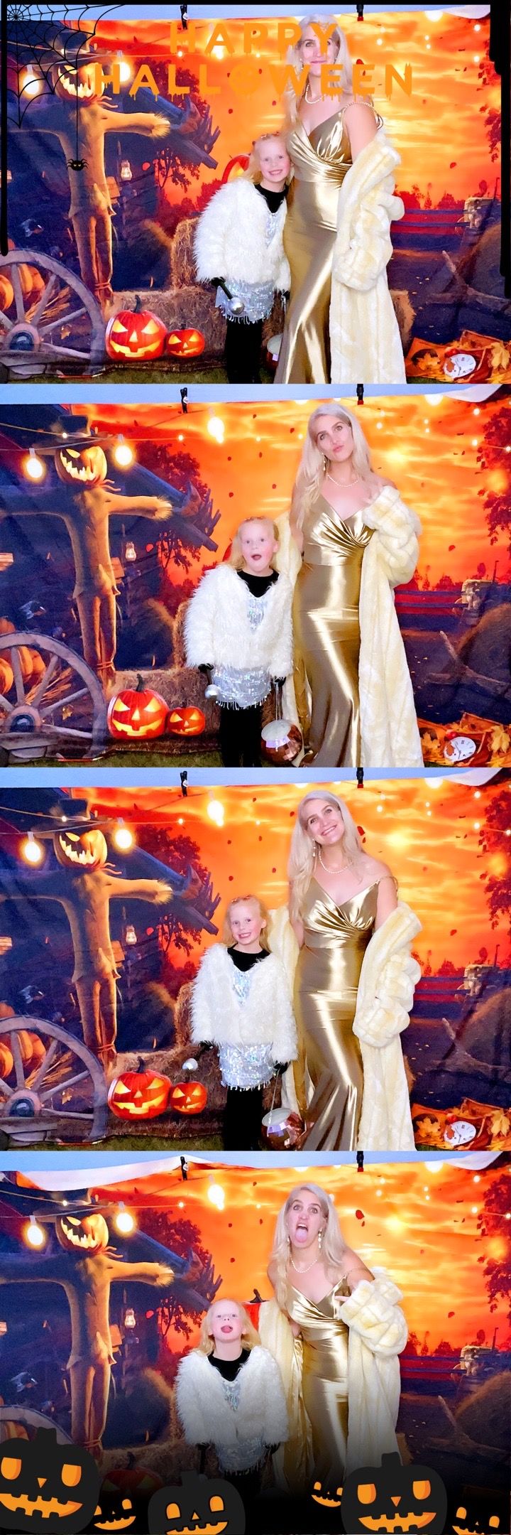 Halloween party scene with spooky orange lighting and carved jack o'lantern pumpkins glowing in the background.