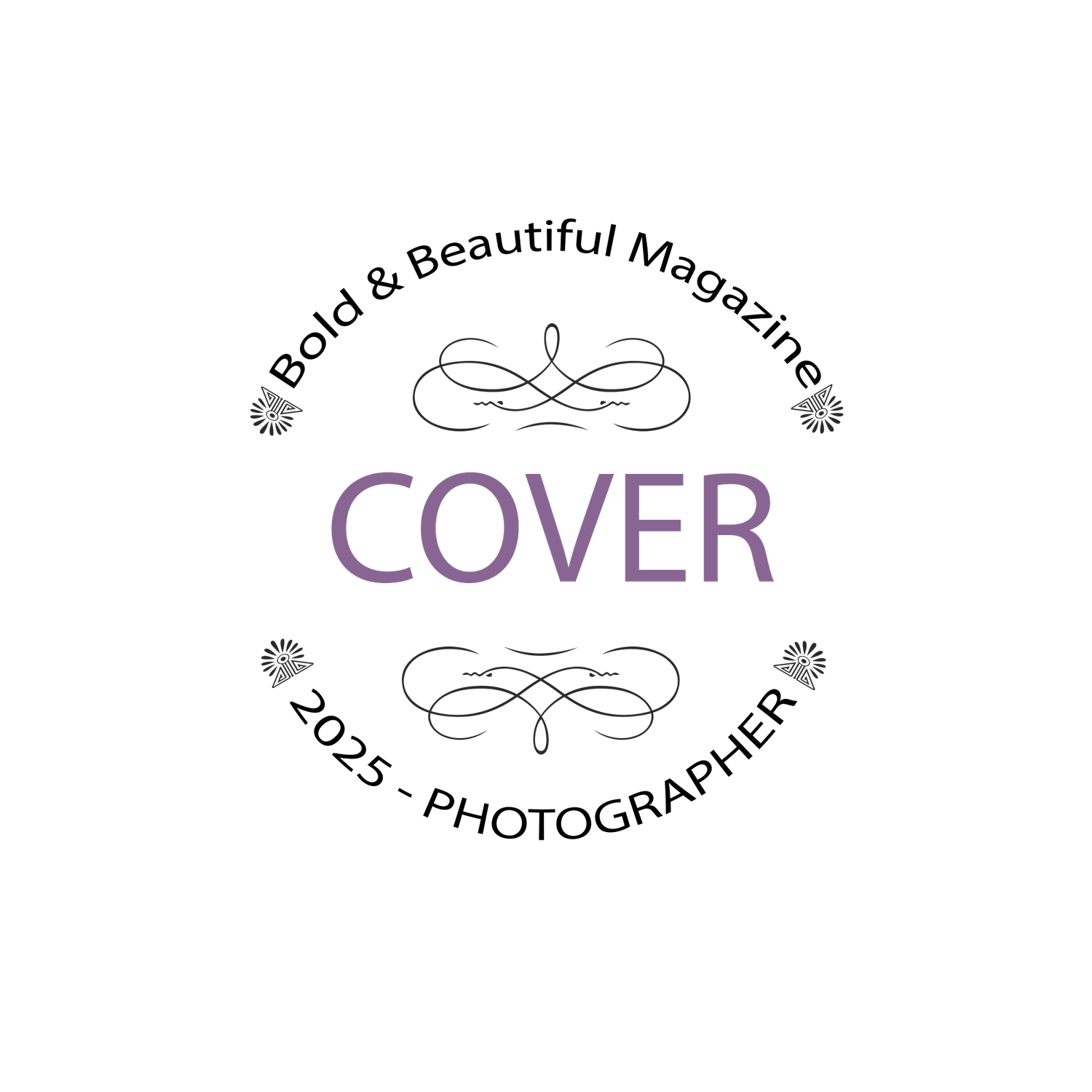 A circular logo design for 'Cover' magazine with purple text and decorative flourishes, labeled as 2025 photographer.