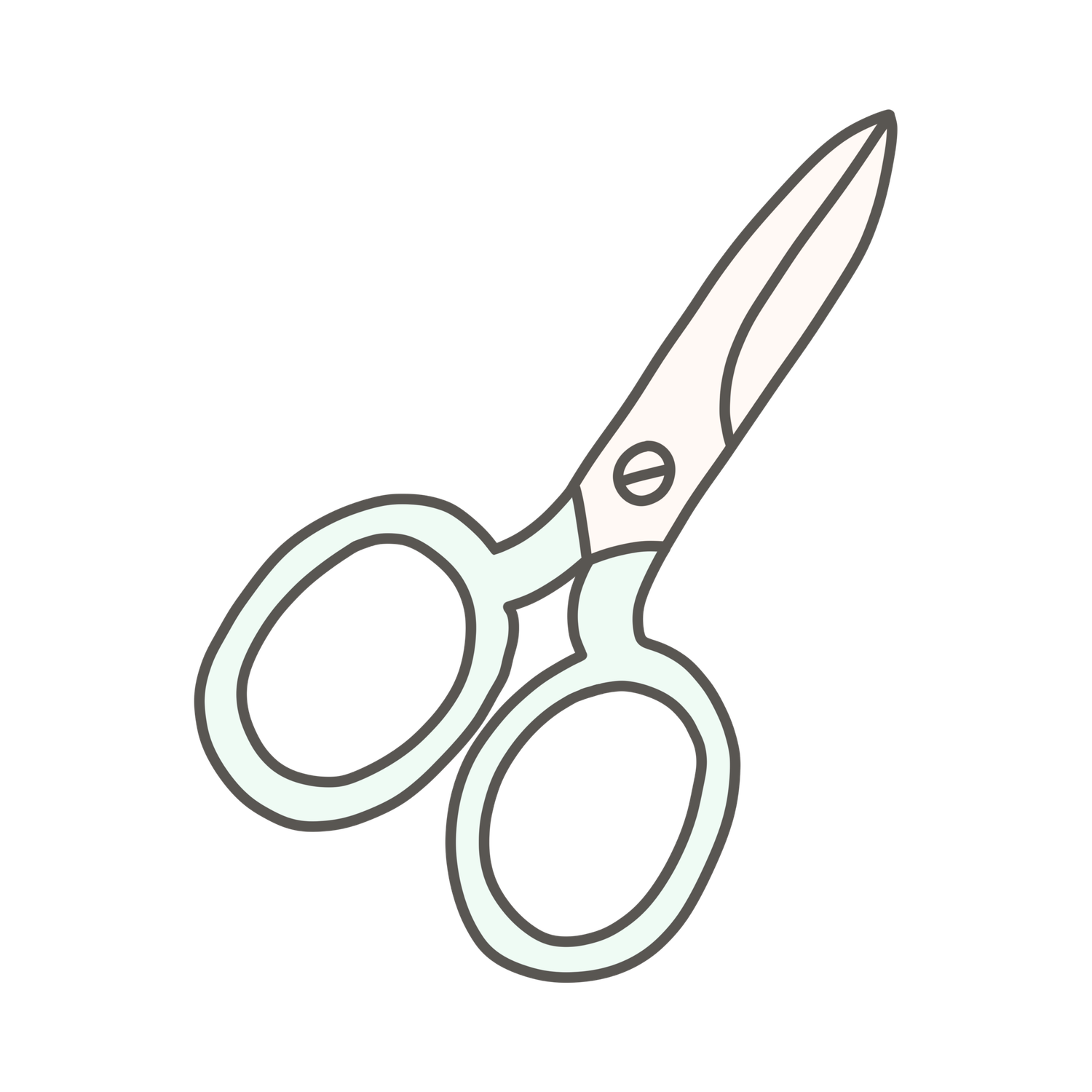Simple line drawing of scissors with rounded handles and pointed blades in a minimalist gray style.