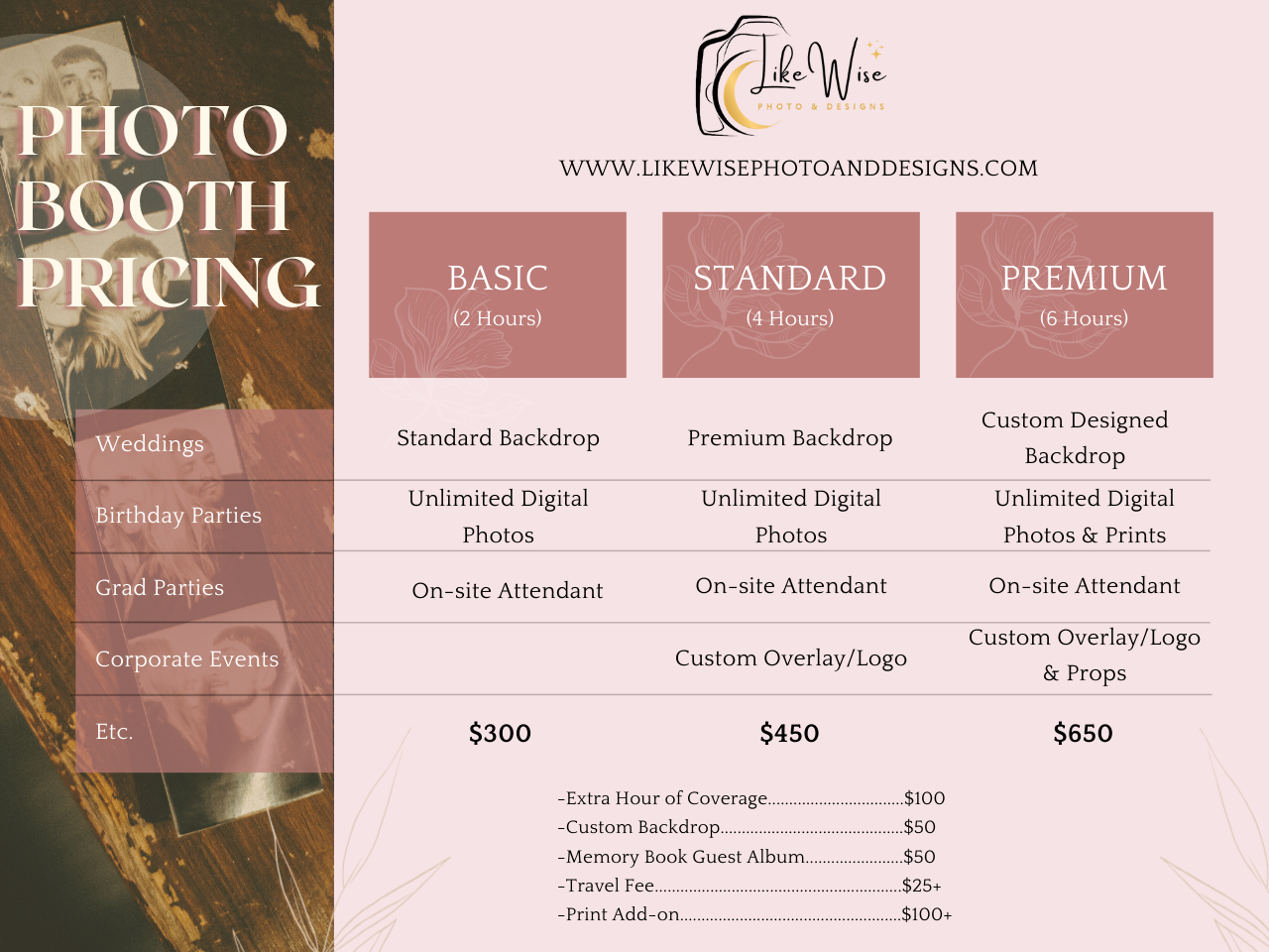 A photo booth pricing menu displays three tiers - Basic, Standard, and Premium packages with rose gold and brown color scheme.