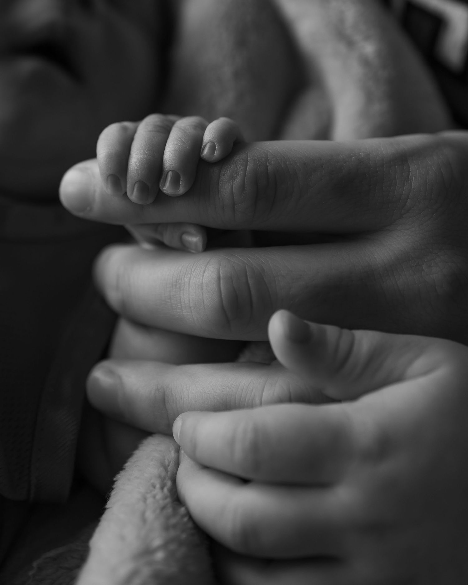 A tender black and white close-up of tiny fingers grasping an adult's hand in an intimate moment.