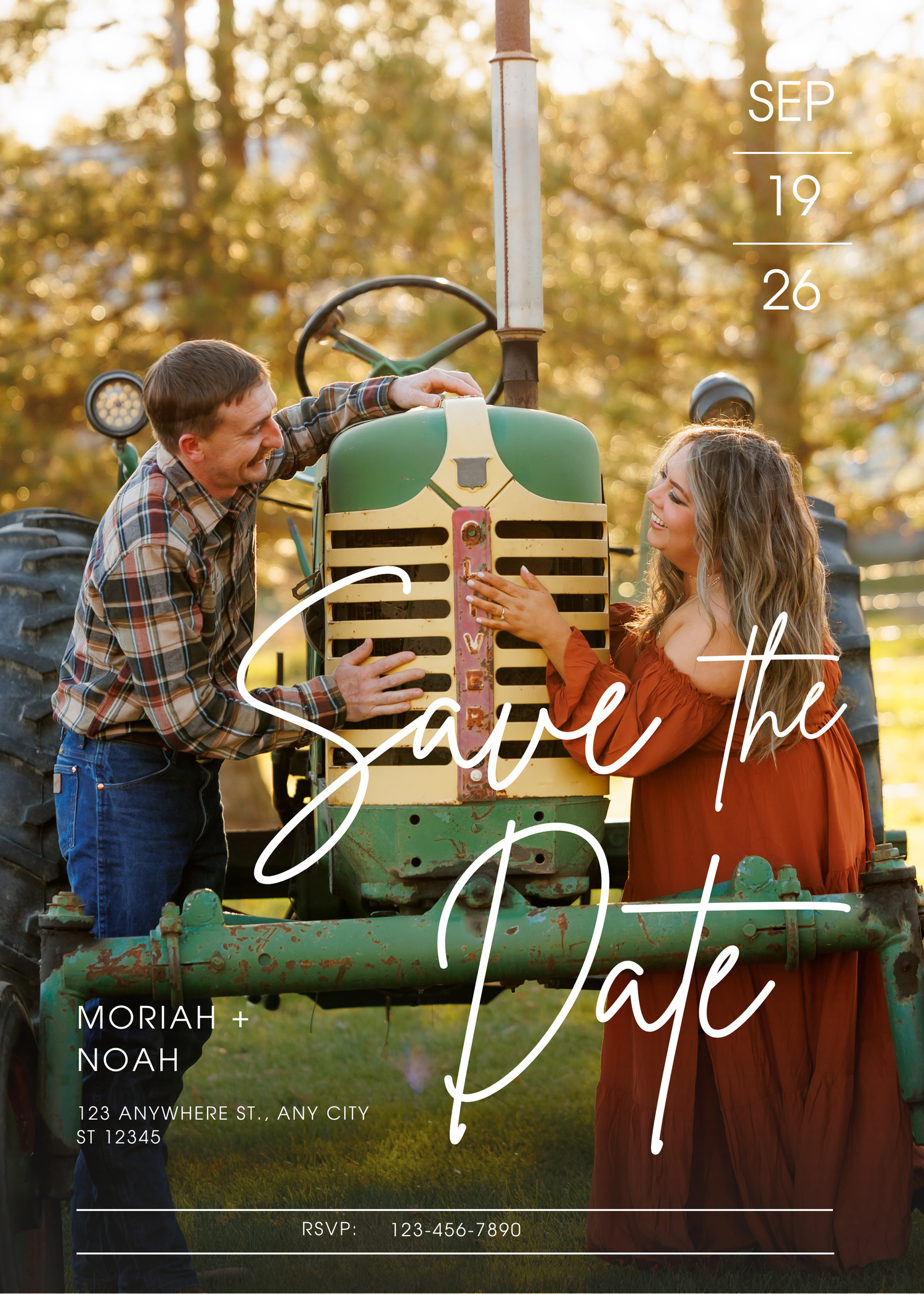 A couple poses with a vintage green tractor for their rustic save the date announcement at sunset.