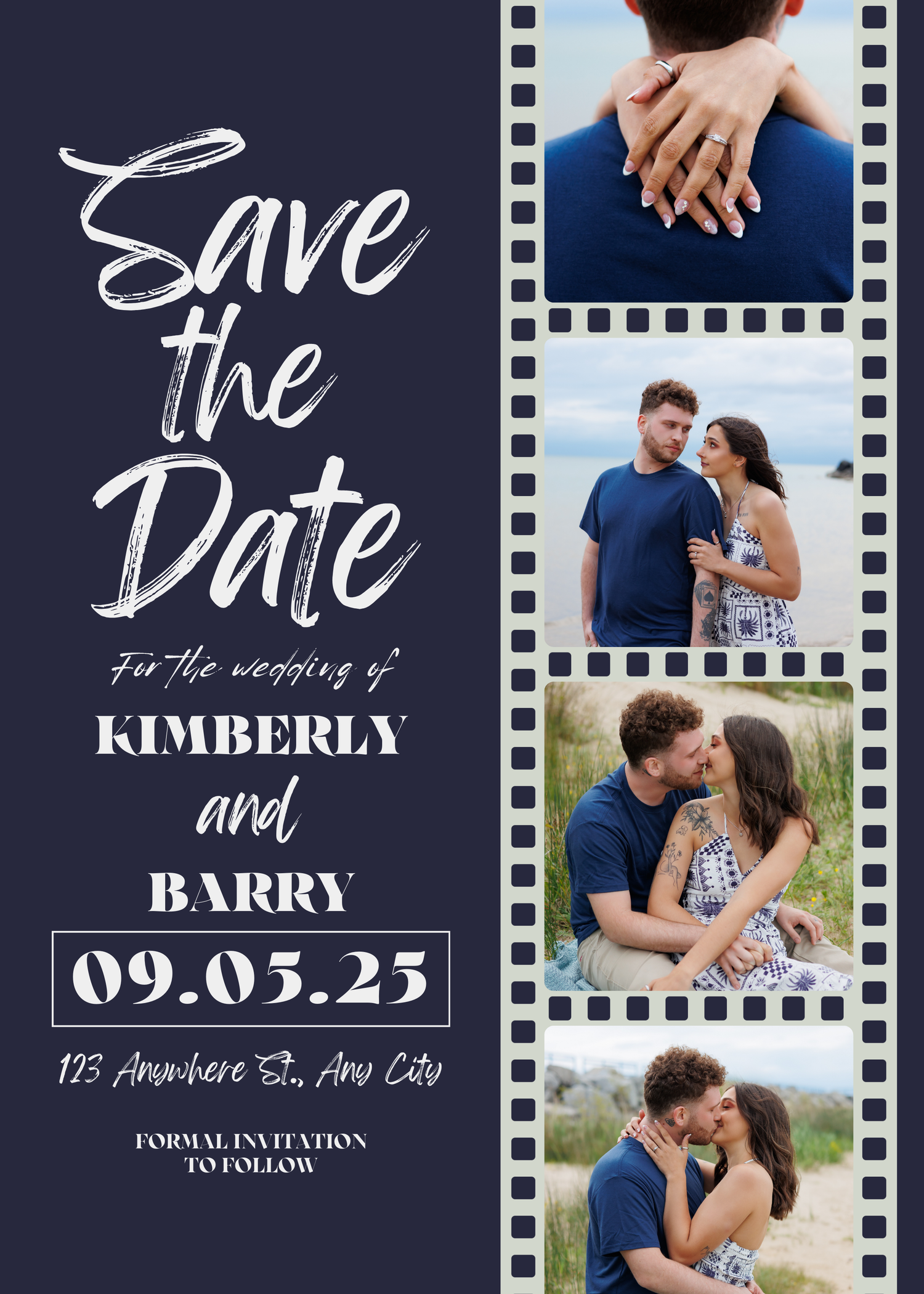 Navy blue save the date announcement card with film strip style engagement photos and white script typography.