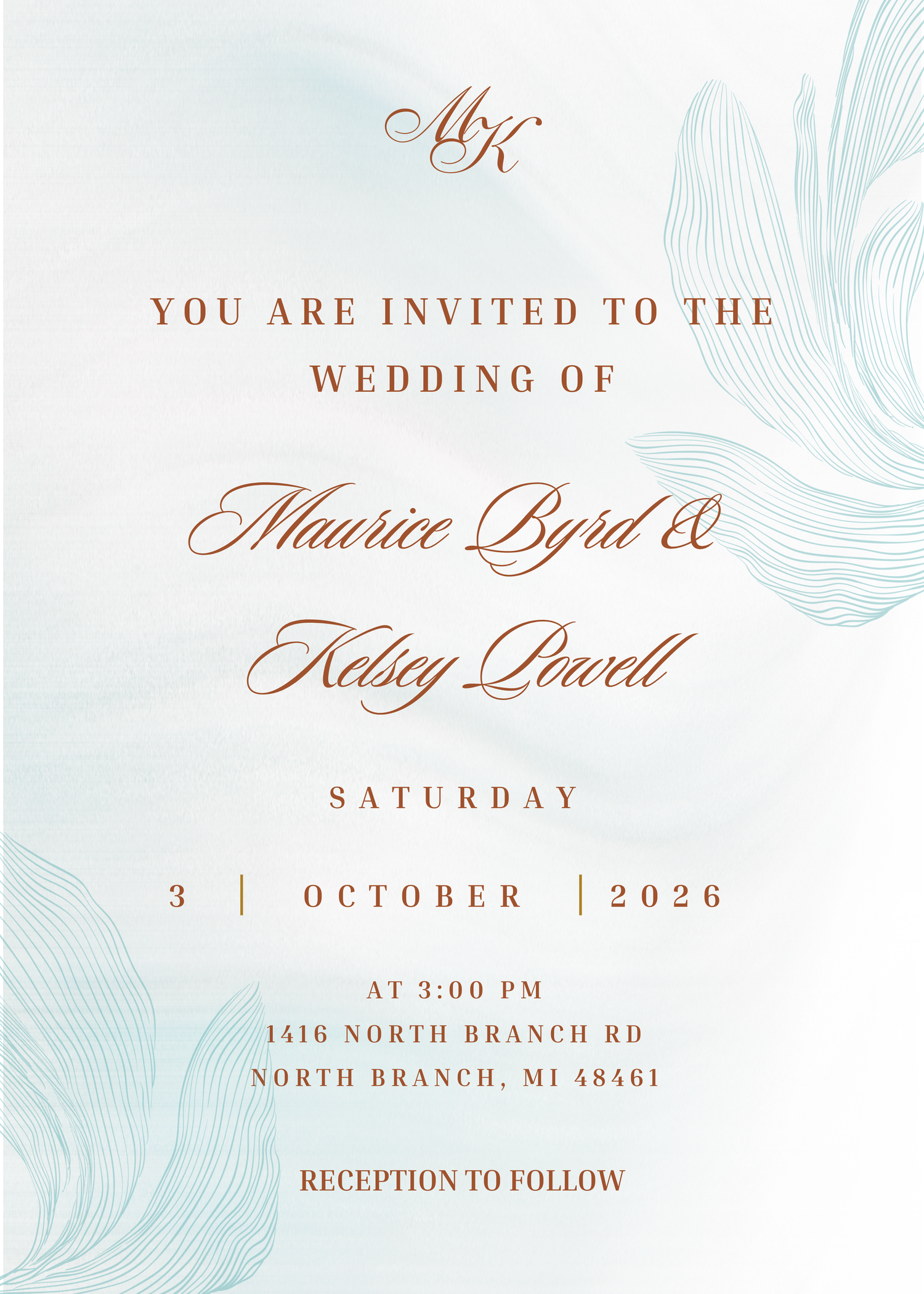 Elegant wedding invitation with mint green swirl pattern and copper text showing date October 3, 2026.
