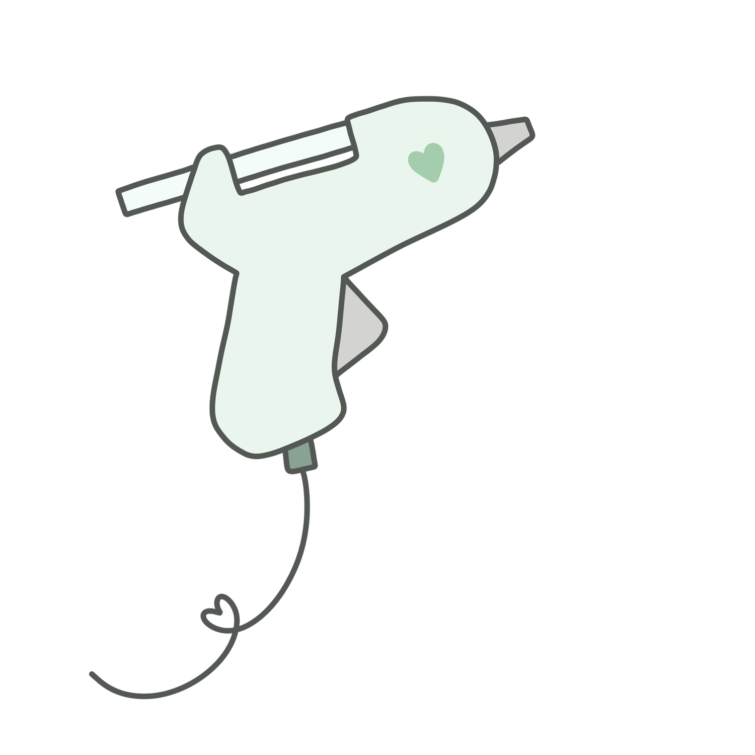 A mint green hot glue gun illustration with small heart details and a curvy cord design.