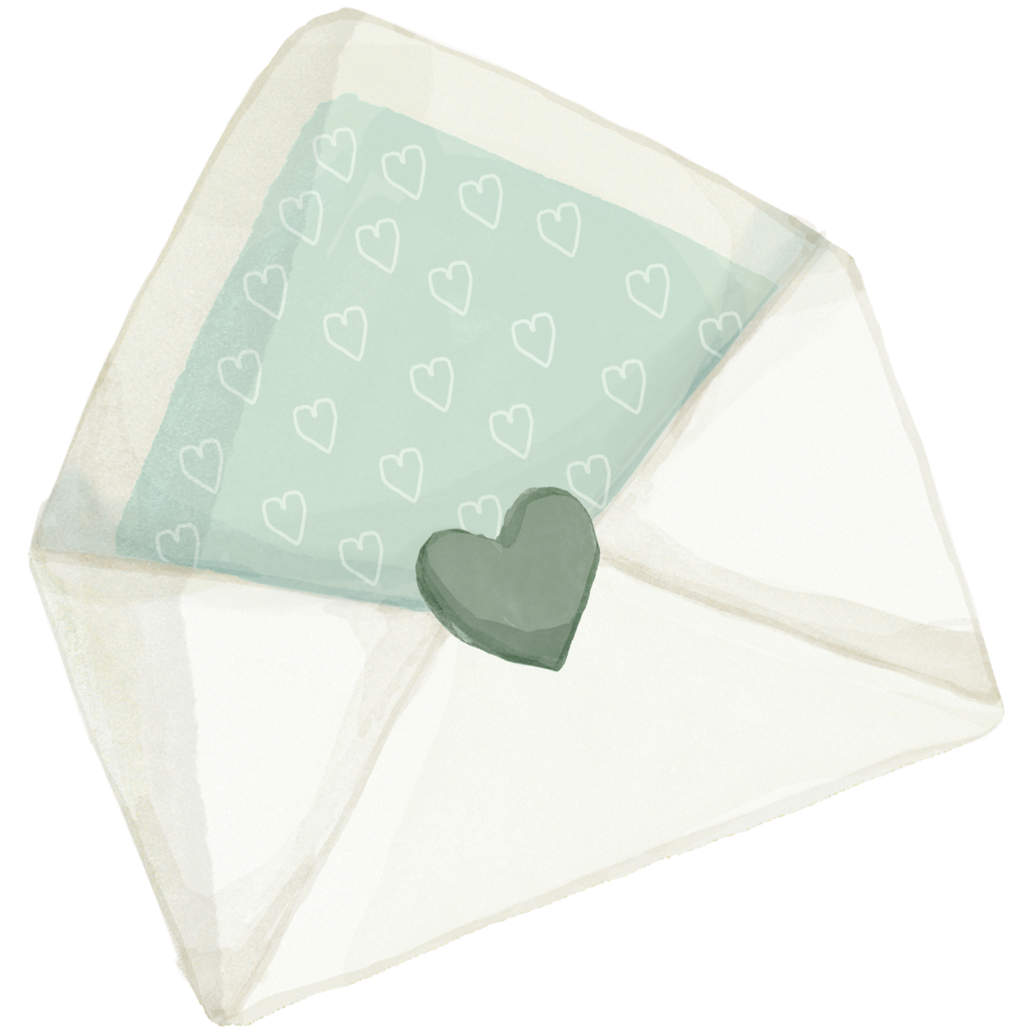 Row of white envelopes with mint green heart pattern designs arranged in a cascading diagonal line.
