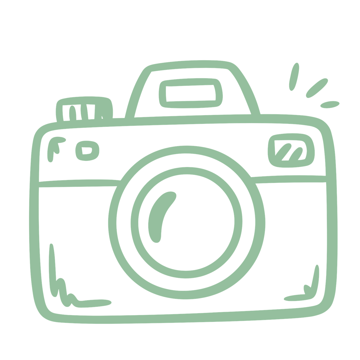 Simple hand-drawn illustration of a camera in mint green color with basic geometric shapes and lens details.
