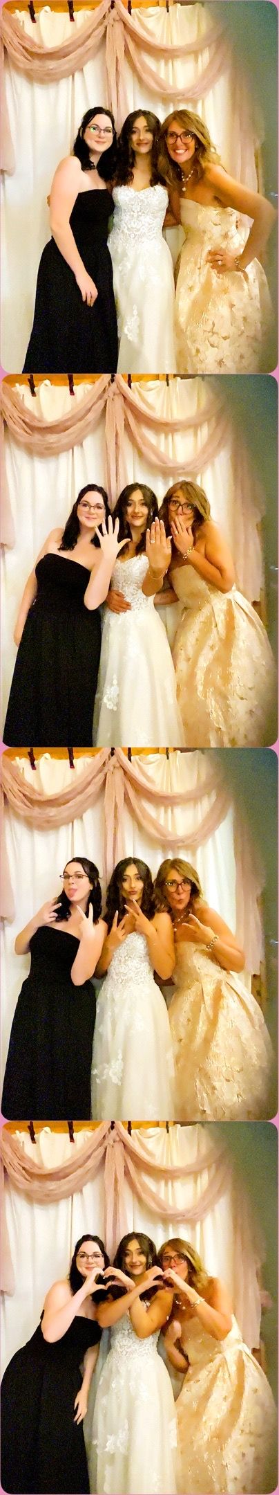 Three friends pose in formal dresses against a white curtain backdrop in a photo booth style series of playful shots.