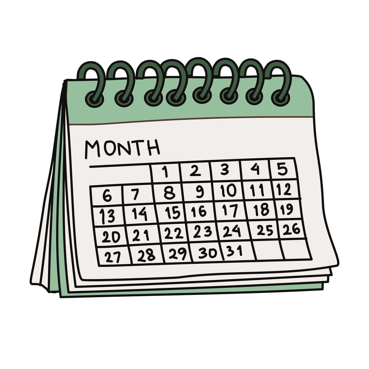 Calendar pages flipping in sequence showing different months and dates in a green illustrated style.