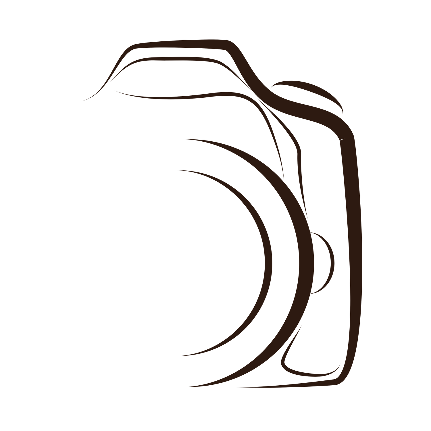 Simple black and white line drawing of camera and swirls on a white background.