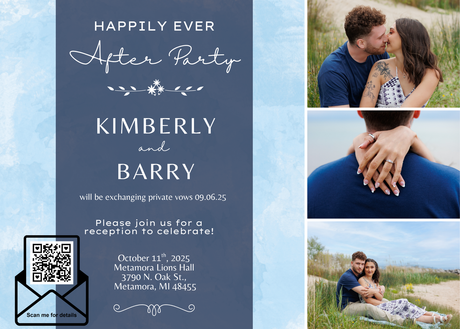 A collage of wedding photography images showing engagement photos and invitation designs in blue and gray tones.