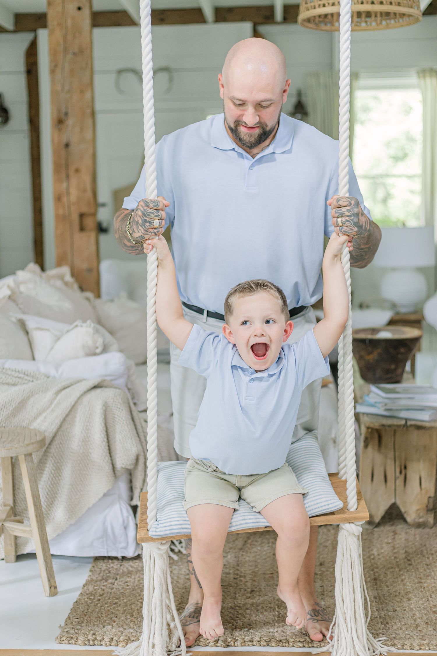 A playful indoor scene showing four progressive moments of fun on an indoor rope swing in a bright living room.