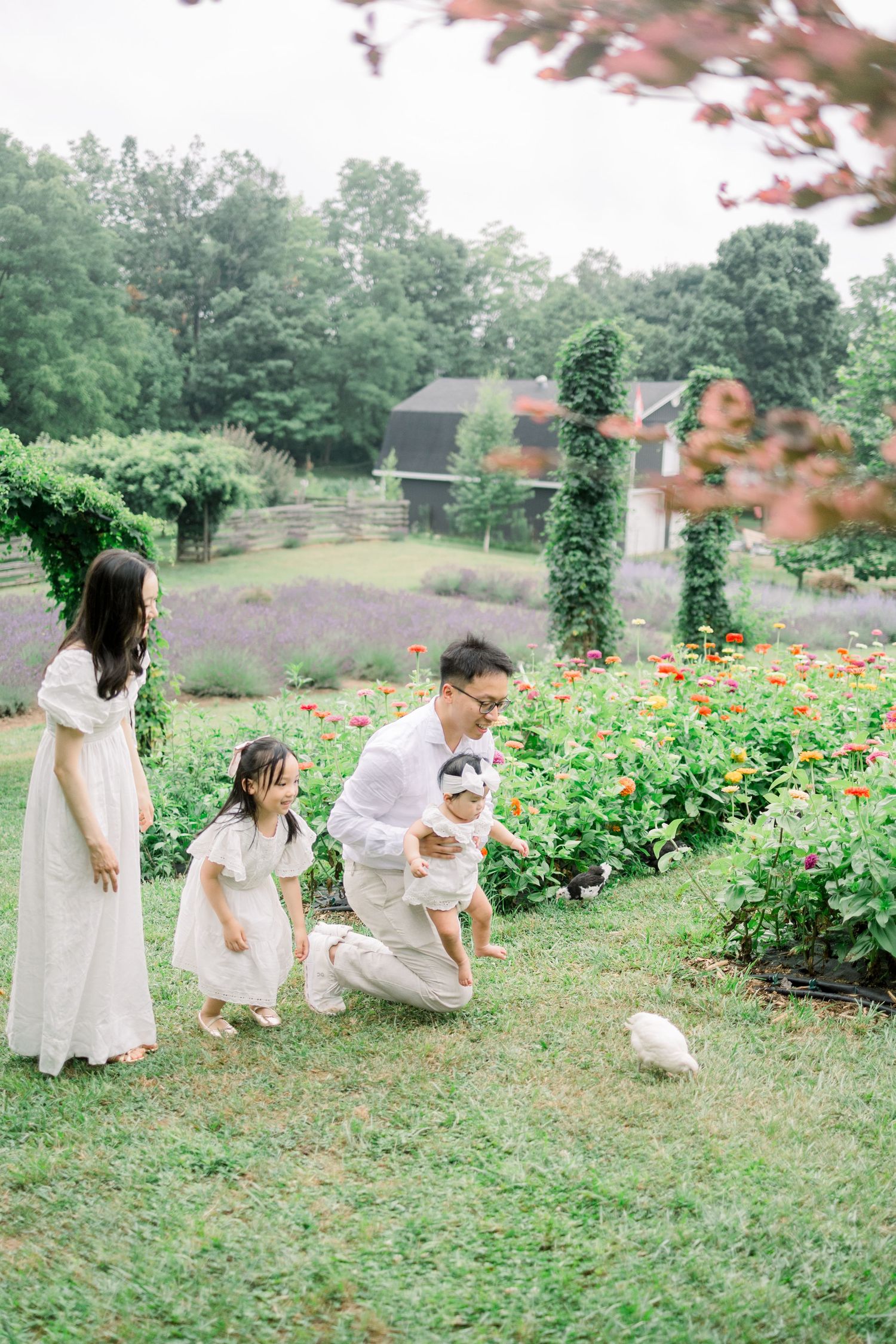 A family enjoys a photoshoot in a garden with blooming lavender and bright orange flowers on a sunny day.