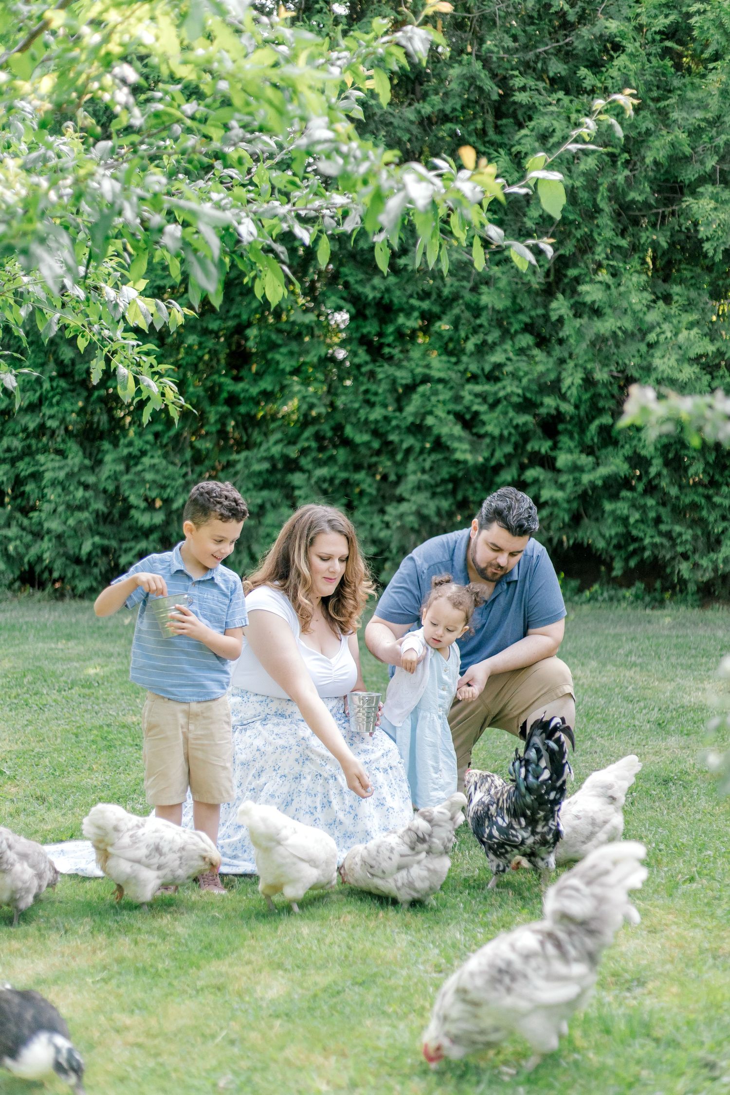A family plays with their fluffy white dog on green grass in a garden setting.